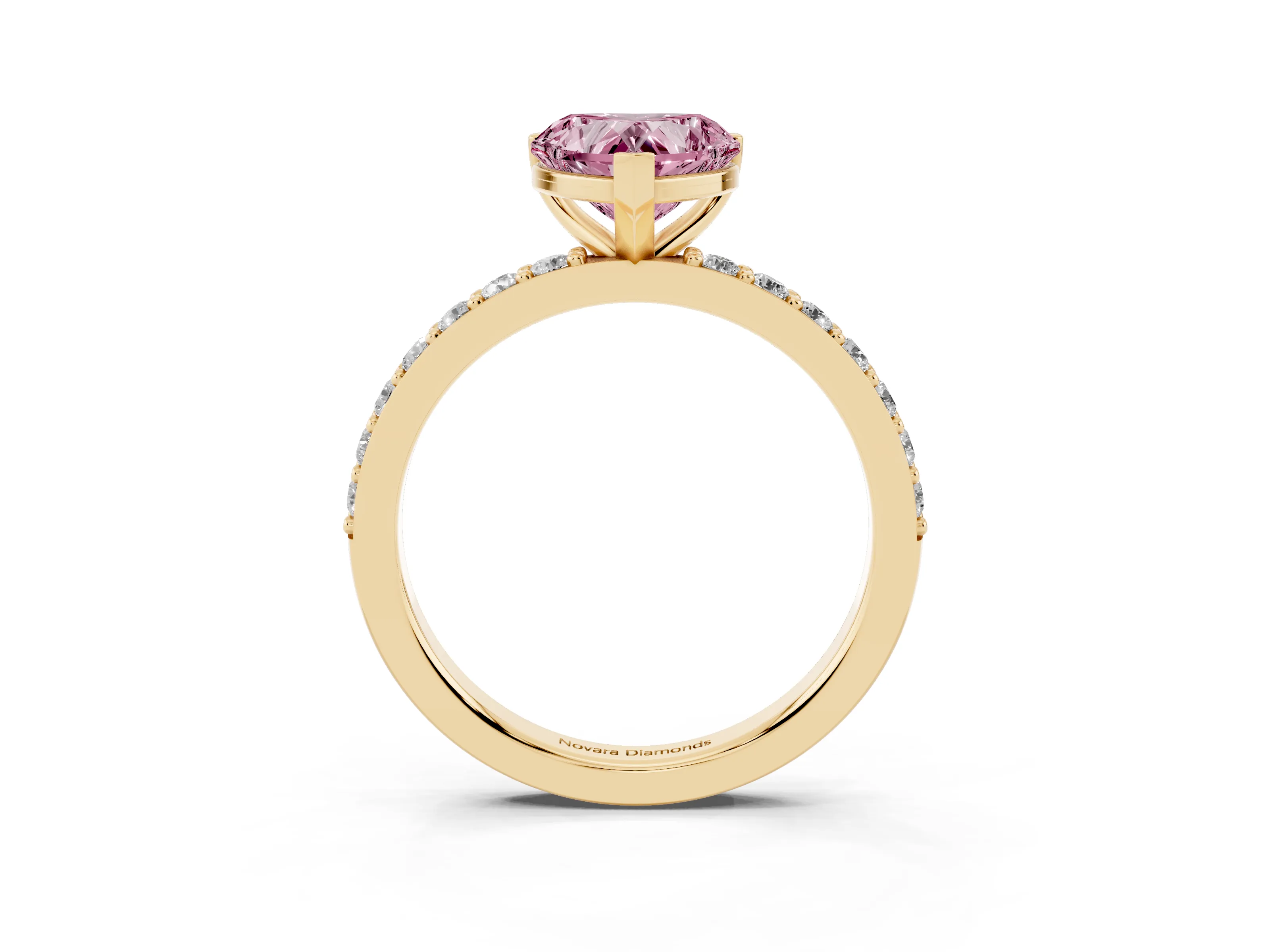 Fancy Pink Heart Cut Diamond Solitaire Set in Yellow gold with Round Pavé Band and Prong Setting
