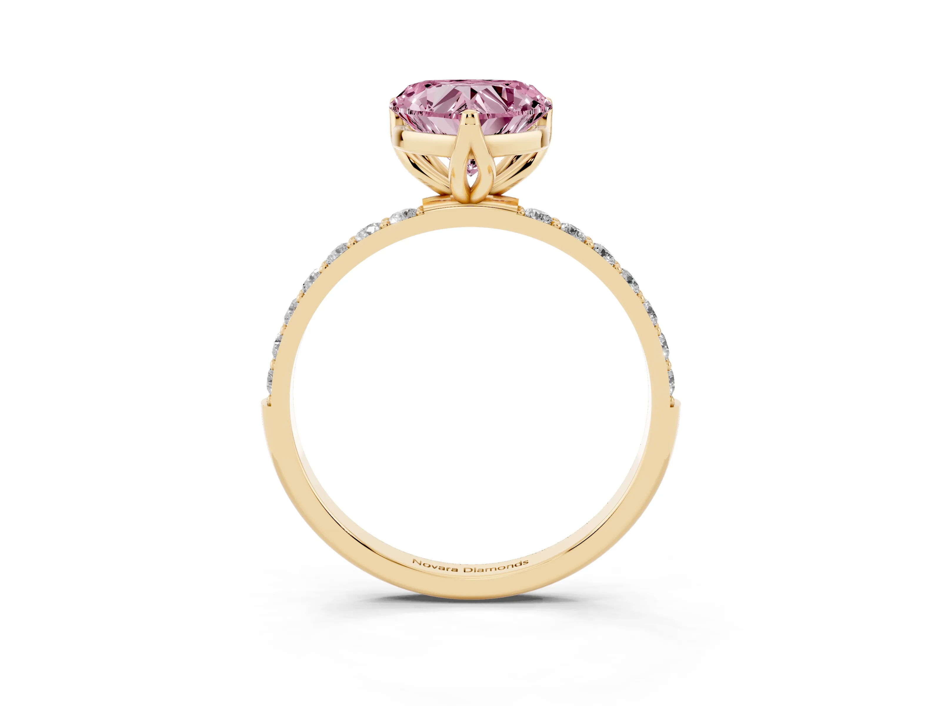 Fancy Pink Heart Cut Diamond Solitaire Engagement Ring Set in Yellow gold with Round Pavé Band and Prong Setting