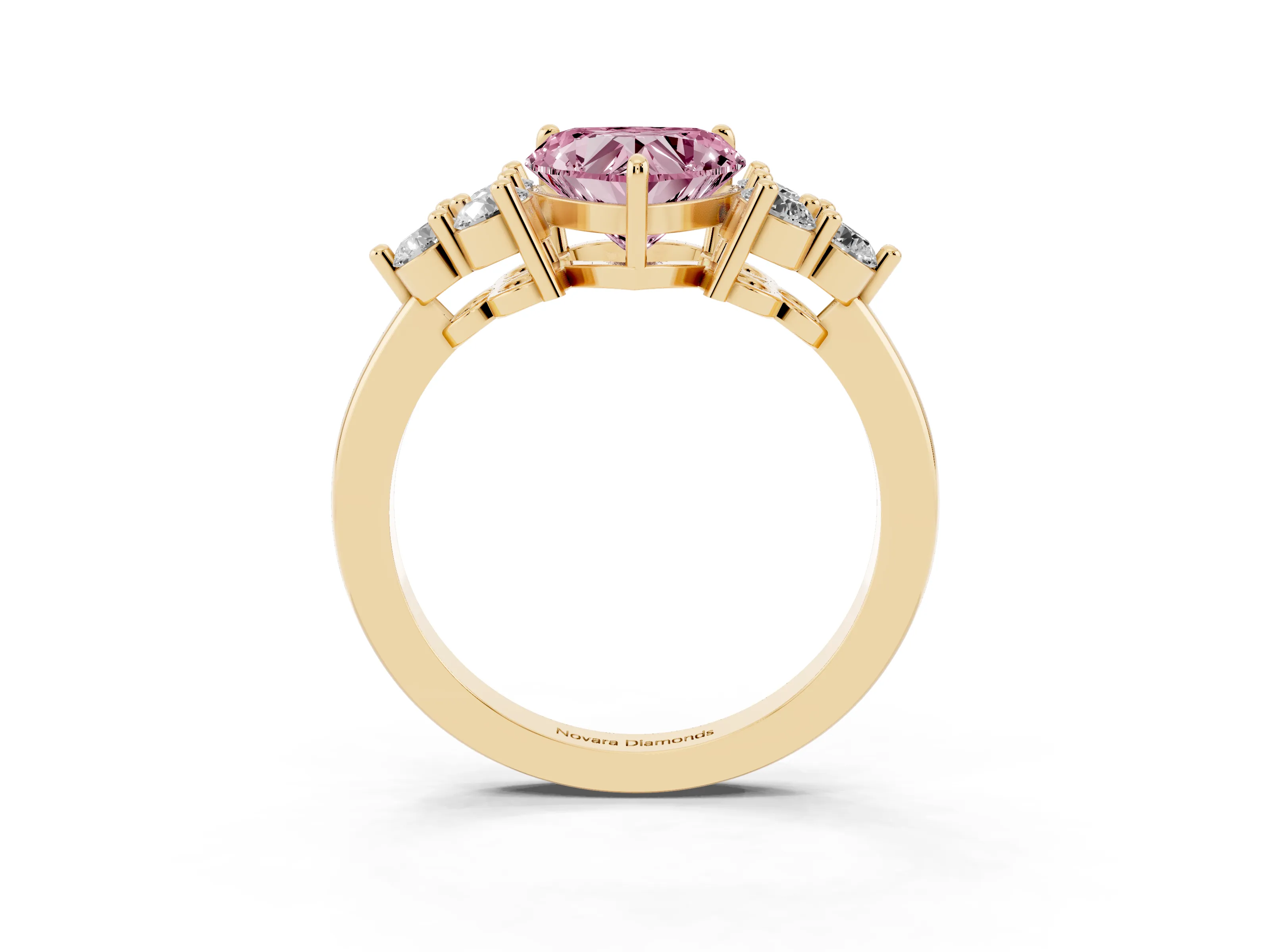 Fancy Pink Heart Cut Diamond Solitaire Ring Set in Yellow gold with Cluster Accents on Each Side