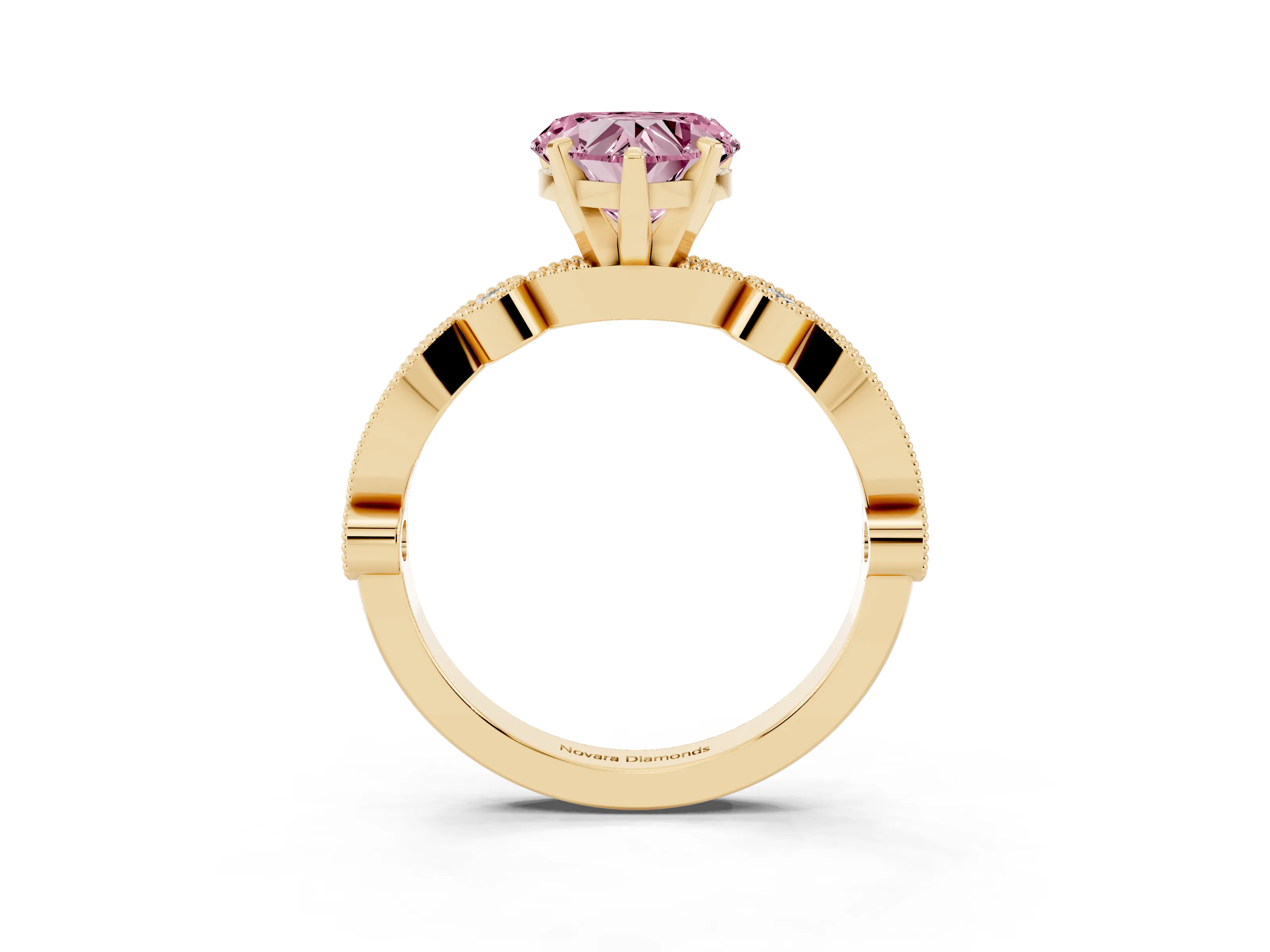 Fancy Pink Heart Cut Diamond Solitaire Engagement Ring Set in Yellow gold with Milgrain Bezel Accent Band