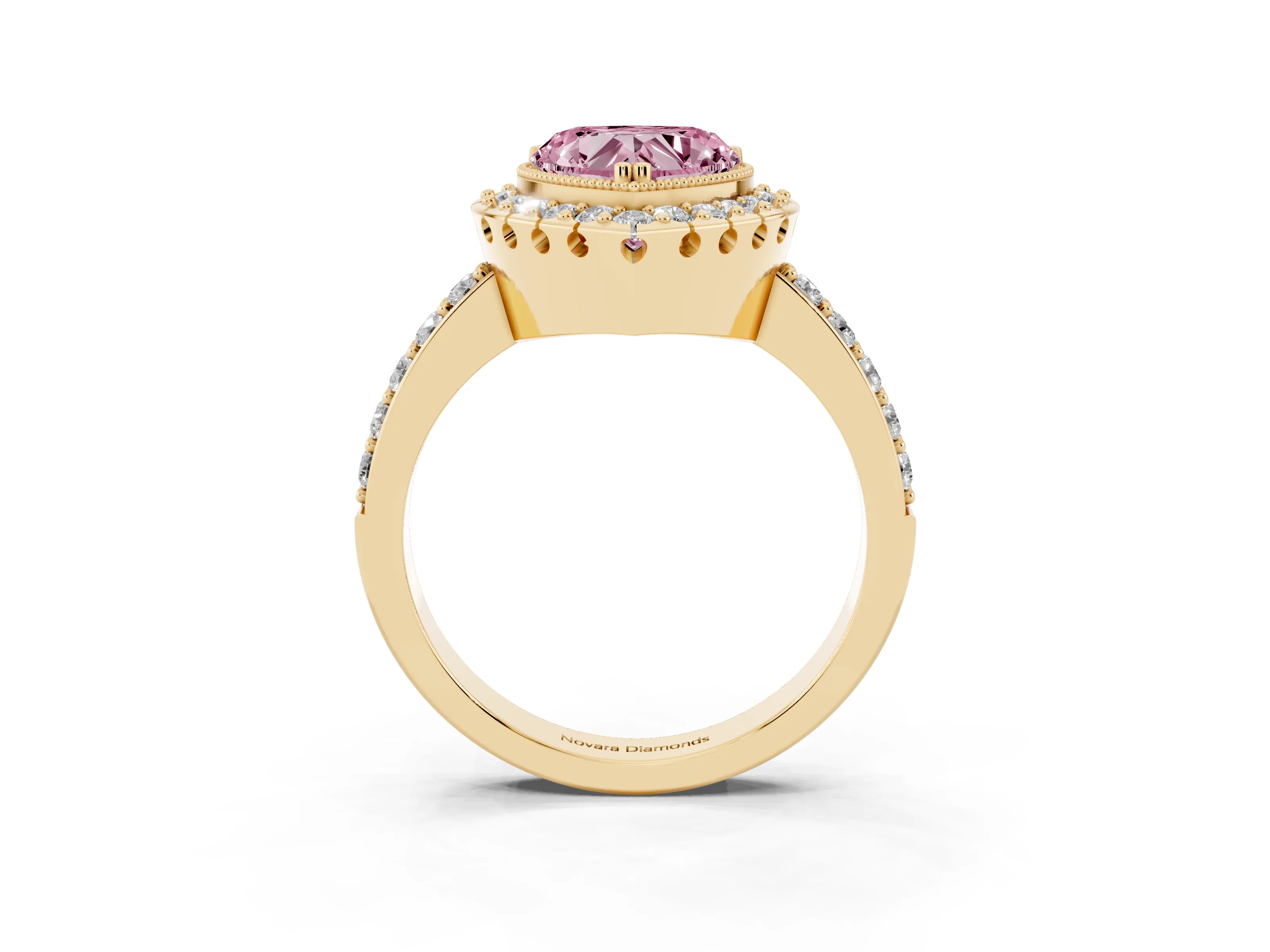 Fancy Pink Heart Cut Diamond Halo Ring Set in Yellow gold with Pavé Shank and Prong Setting