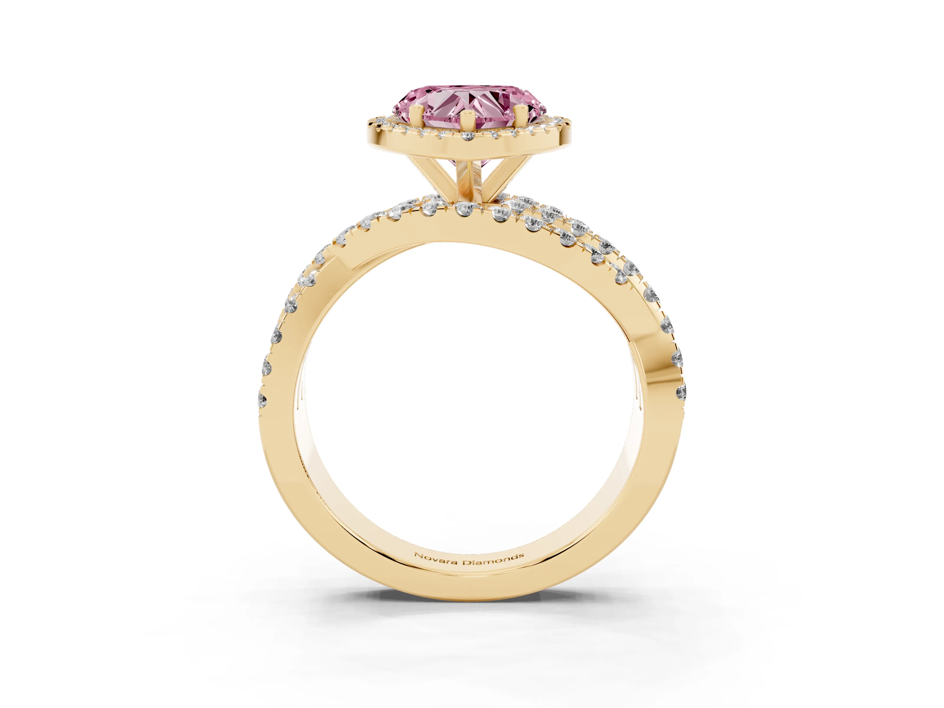 Fancy Pink Heart Cut Diamond Halo Ring Set in Yellow gold with Round Crossover Split Shank and Prong Setting