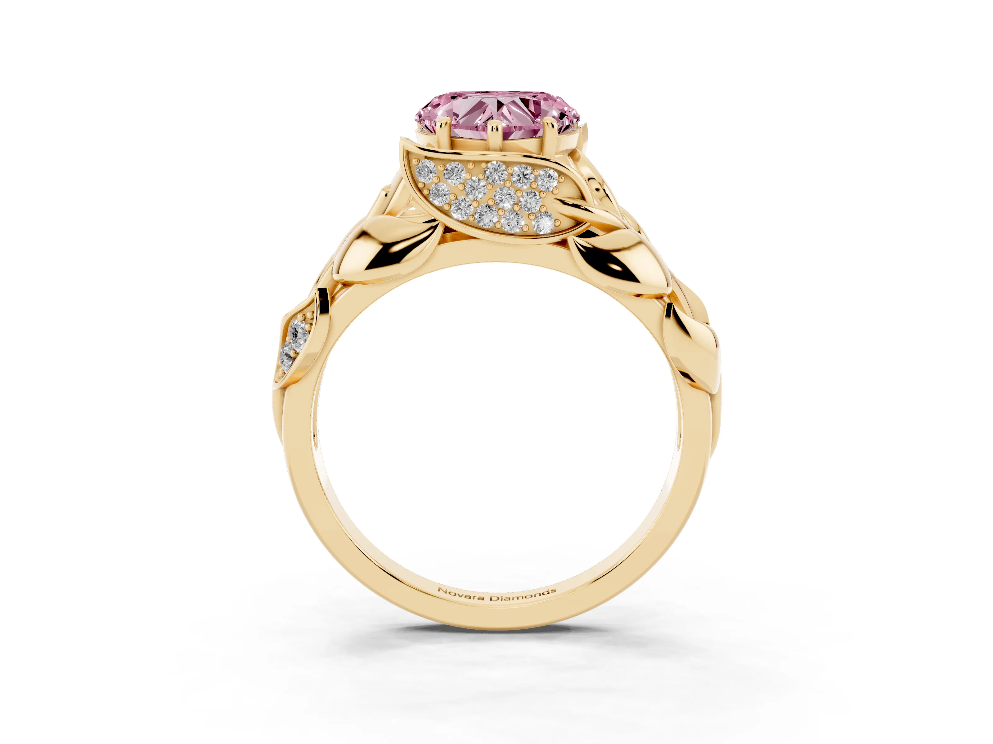 Fancy Pink Heart Cut Diamond Leaf-Inspired Engagement Ring Set in Yellow gold with Round Accents