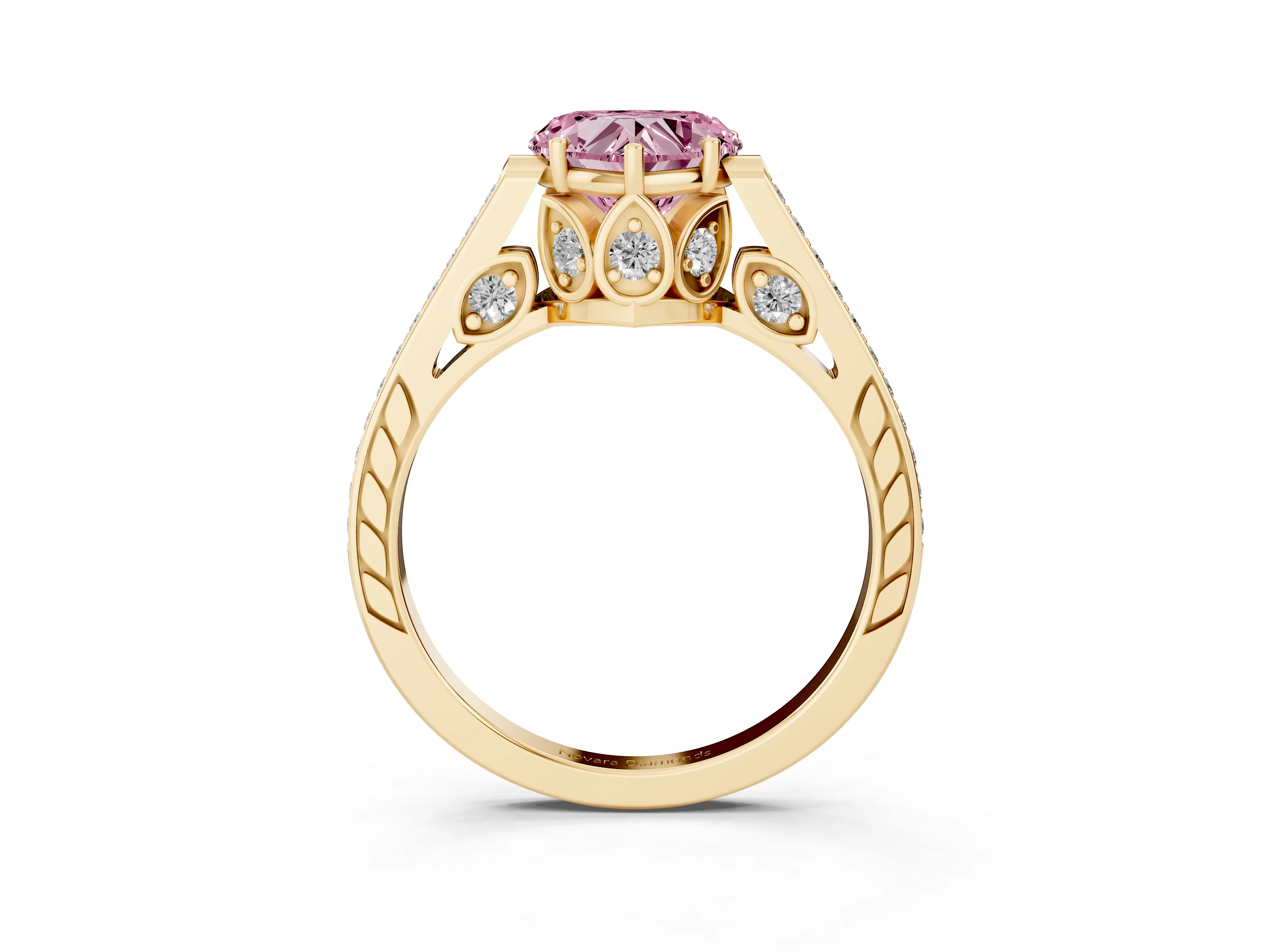 Fancy Pink Heart Cut Diamond Cathedral Pavé Engagement Ring Set in Yellow gold with Prong Setting
