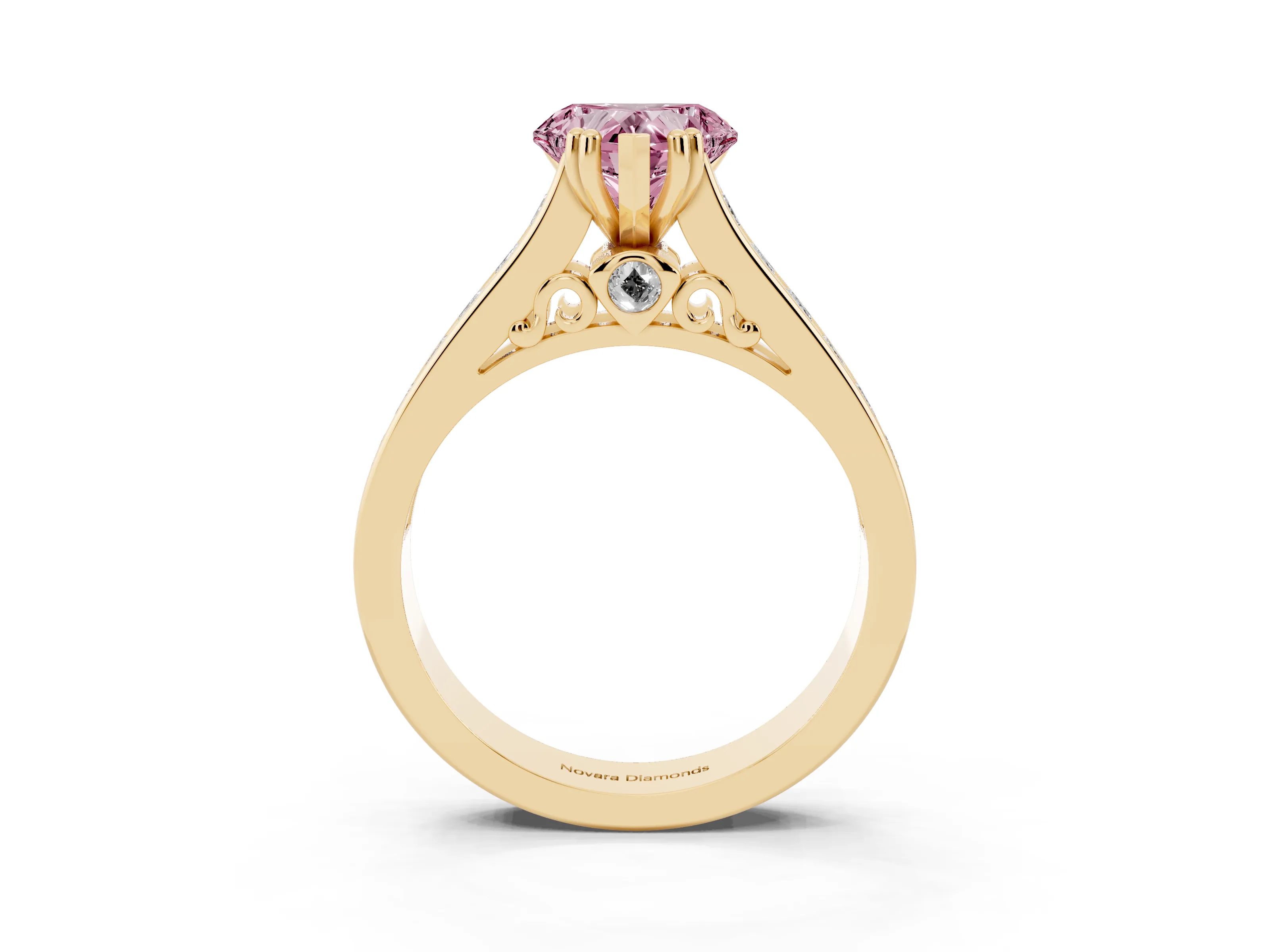 Fancy Pink Heart Cut Diamond Channel Set Solitaire Engagement Ring Set in Yellow gold with Prong Setting