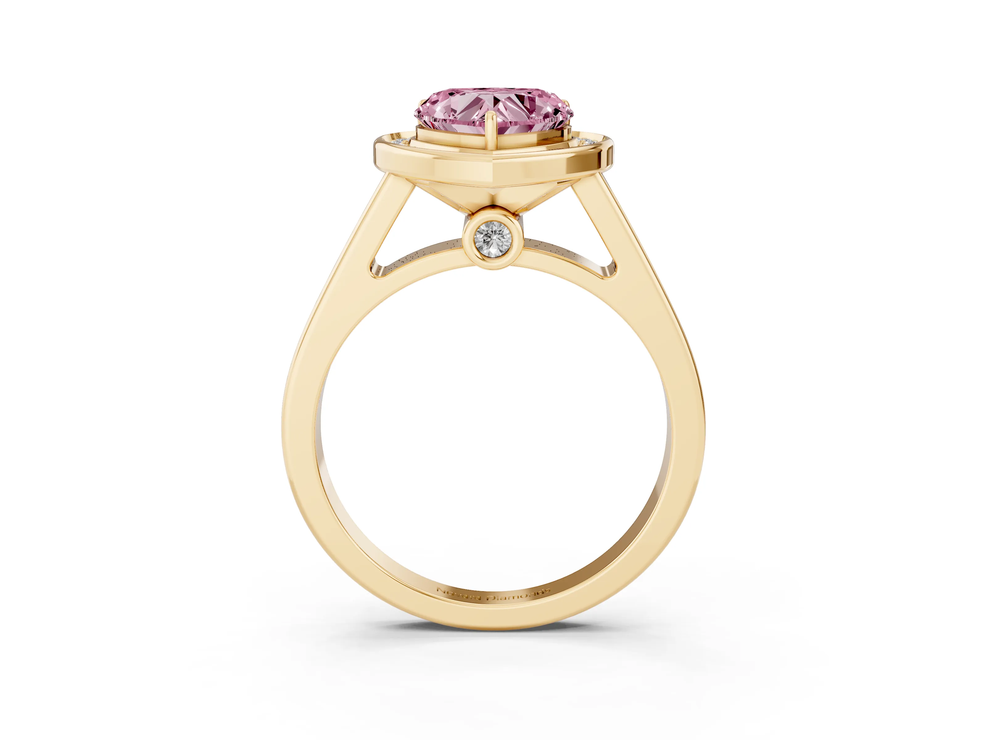 Fancy Pink Heart Cut Diamond Halo Solitaire Ring Set in Yellow gold with Pavé Band and Bezel Setting