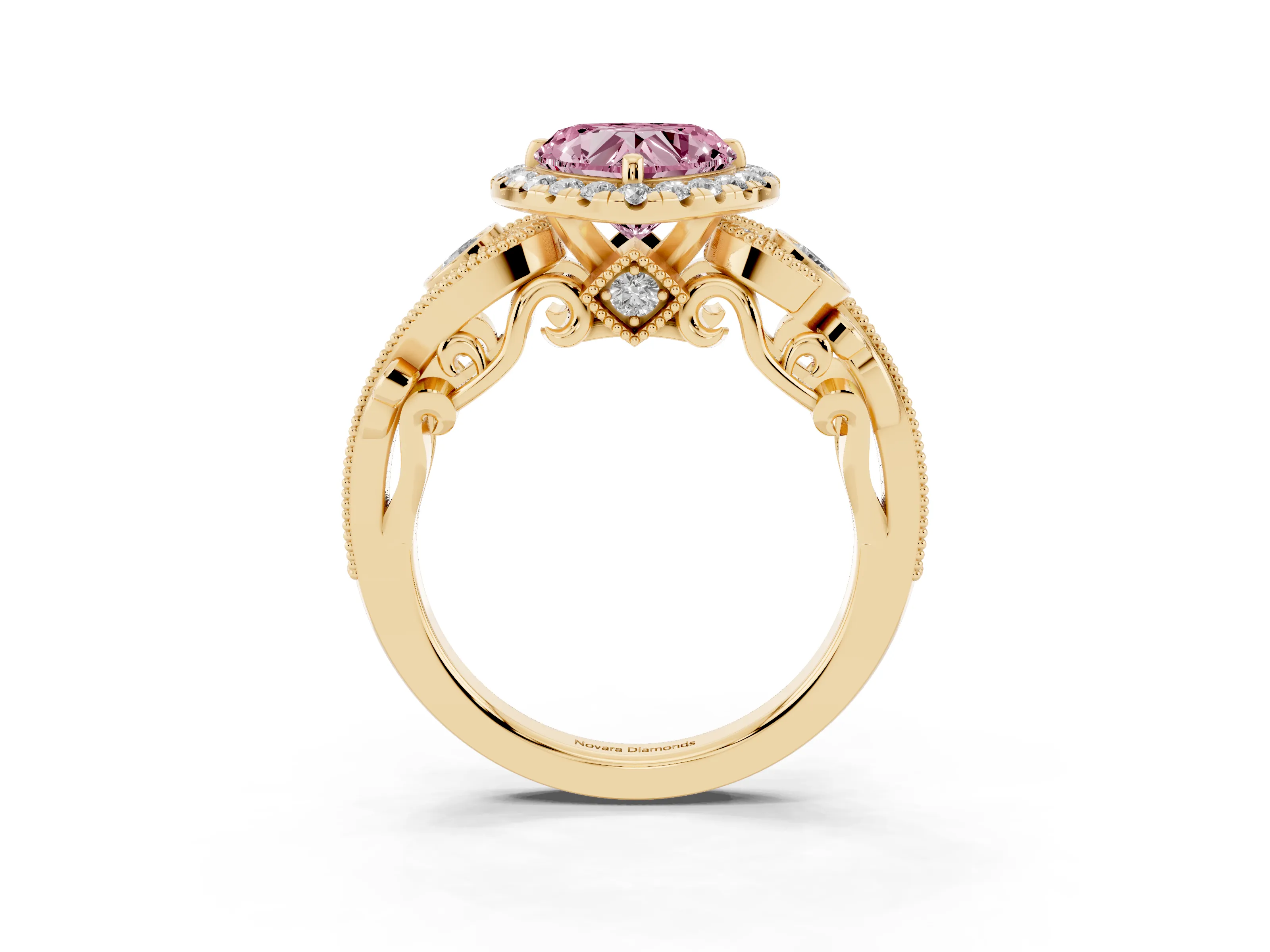 Fancy Pink Heart Cut Diamond Halo Ring Set in Yellow gold with Milgrain Pavé Band and Prong Setting