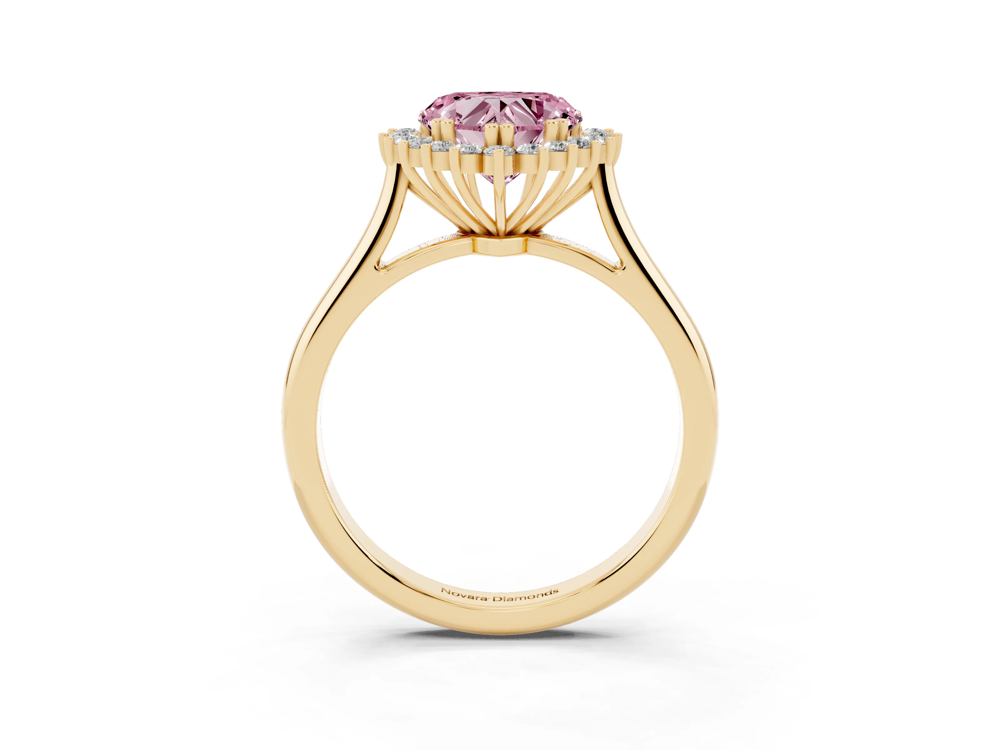 Fancy Pink Heart Cut Diamond Halo Ring Set in Yellow gold with Plain Solitaire Band and Prong Setting