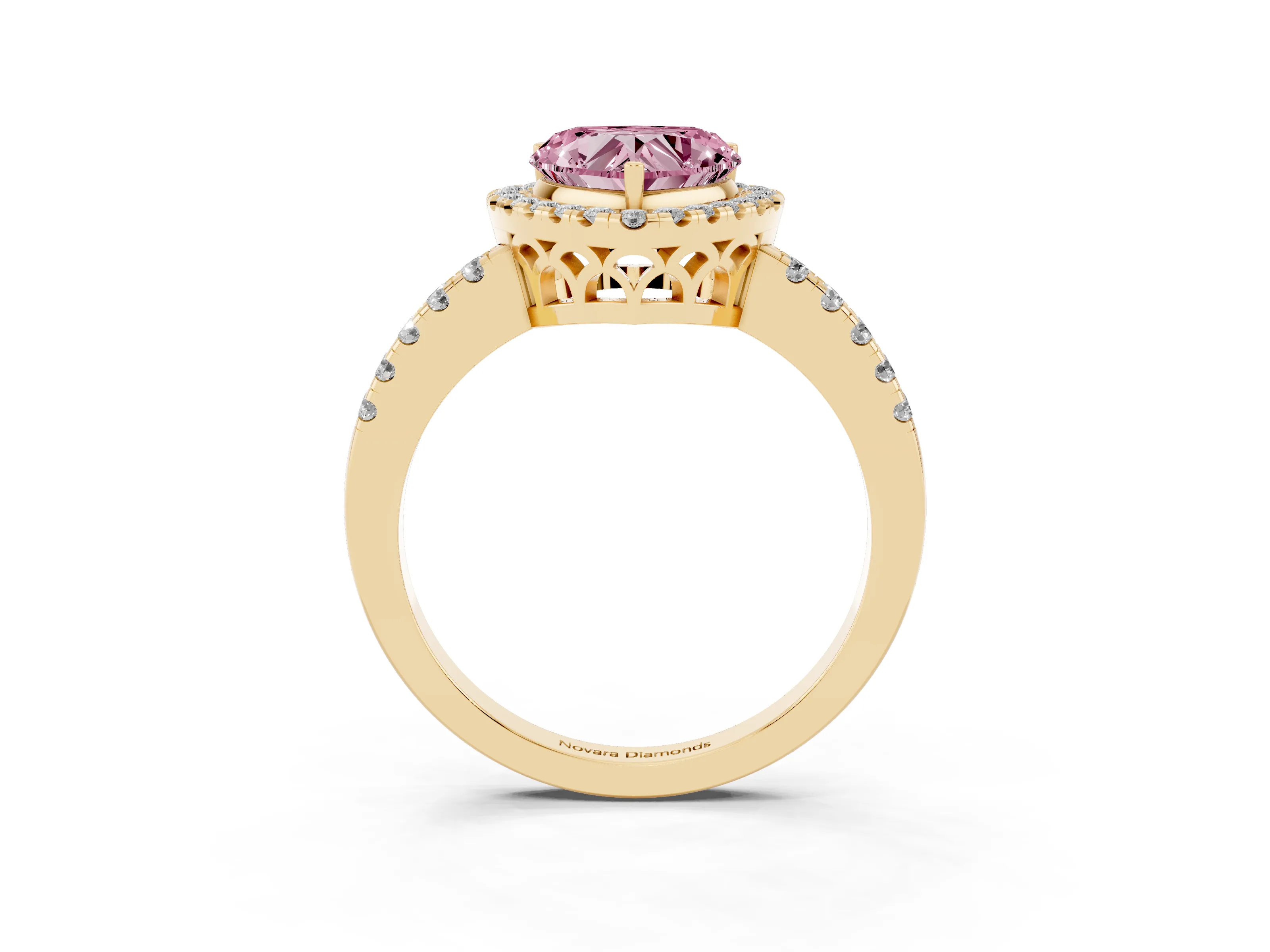 Fancy Pink Heart Cut Diamond Pavé Band Halo Engagement Ring Set in Yellow gold with Prong Setting