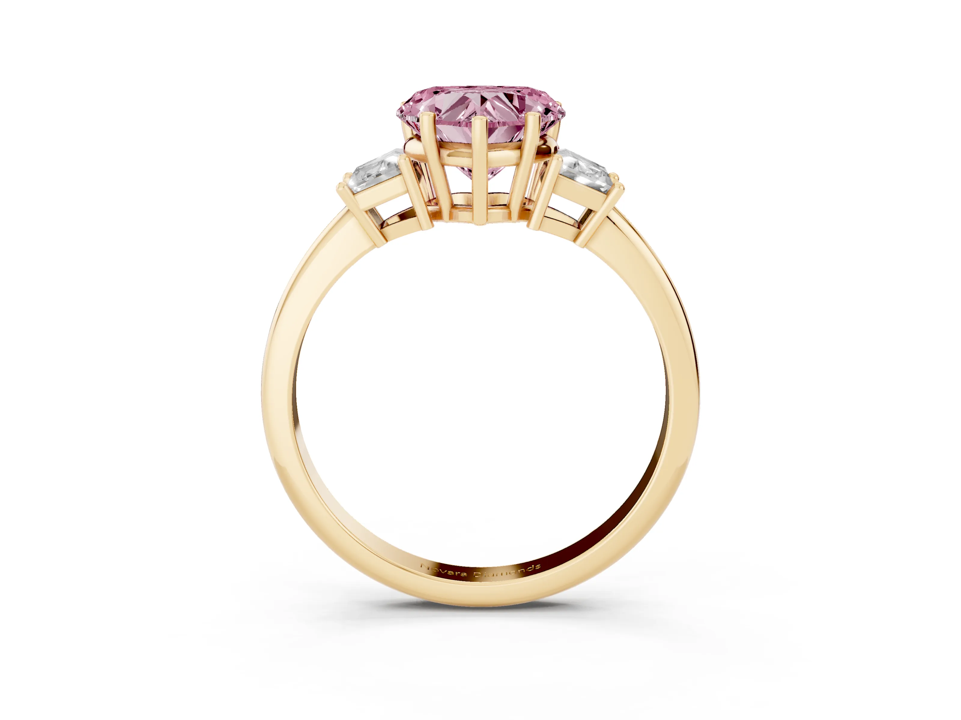 Fancy Pink Heart Cut Diamond Three-Stone Ring Set in Yellow gold with Trapezoid Side Stones and Prong Setting