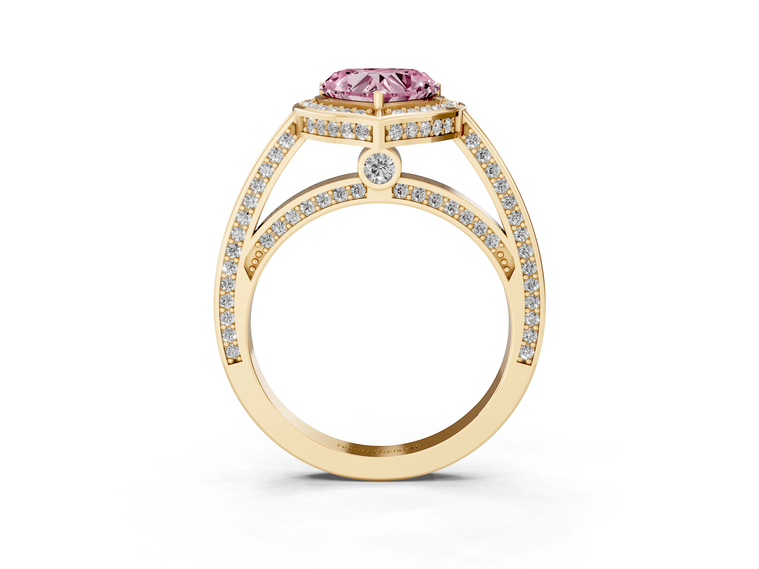 Fancy Pink Heart Cut Diamond Halo Pavé Split Shank Ring Set in Yellow gold with Prong Setting
