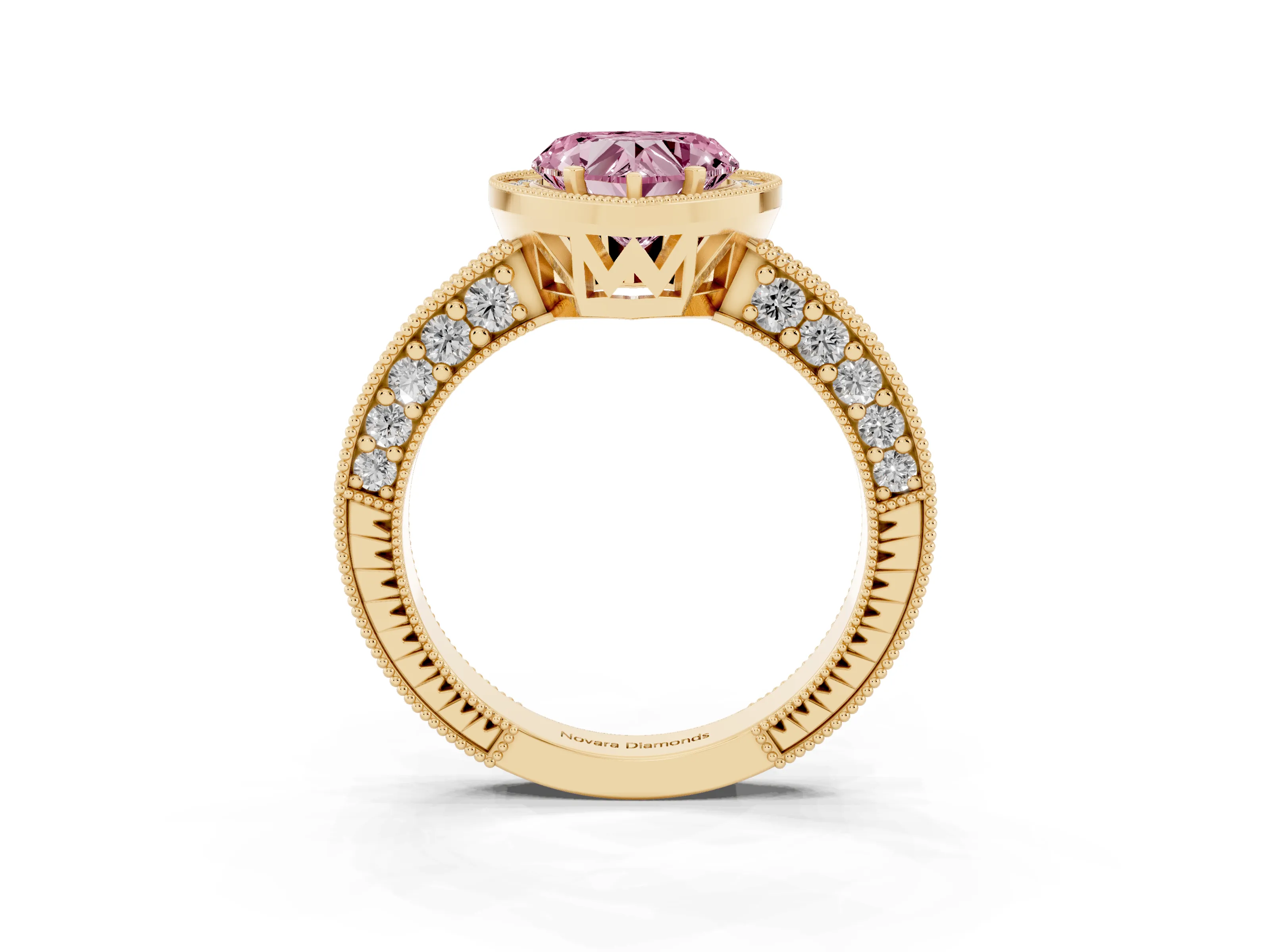 Fancy Pink Heart Cut Diamond Halo Pavé Band Ring Set in Yellow gold with Prong-Set Center