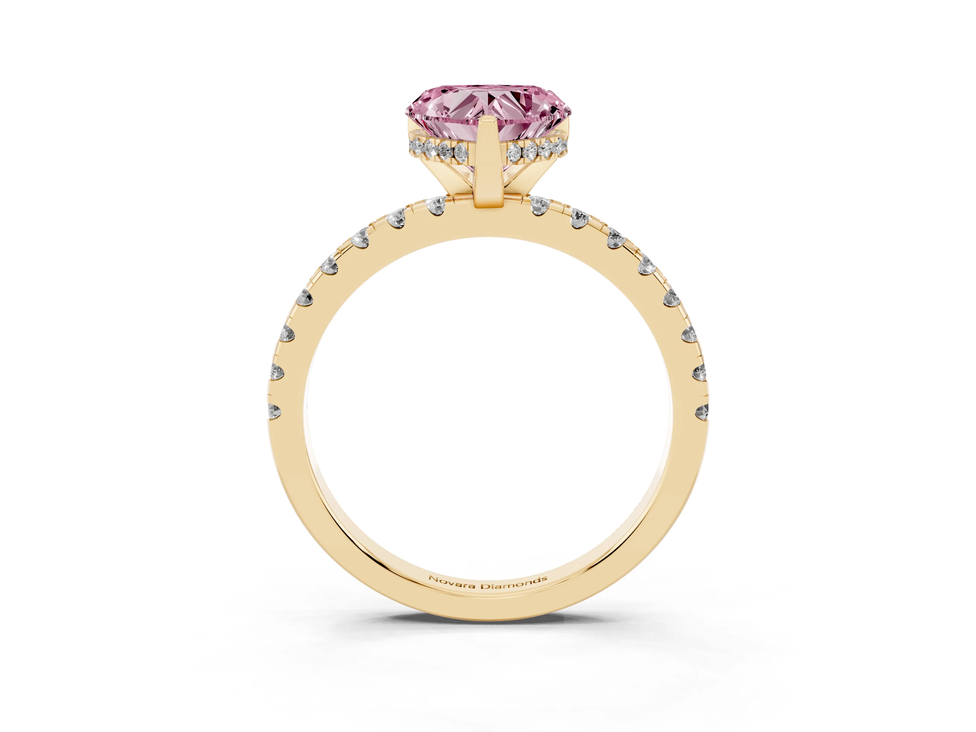 Fancy Pink Heart Cut Diamond Pavé Solitaire Ring Set in Yellow gold with Round Band Accents and Prong Setting
