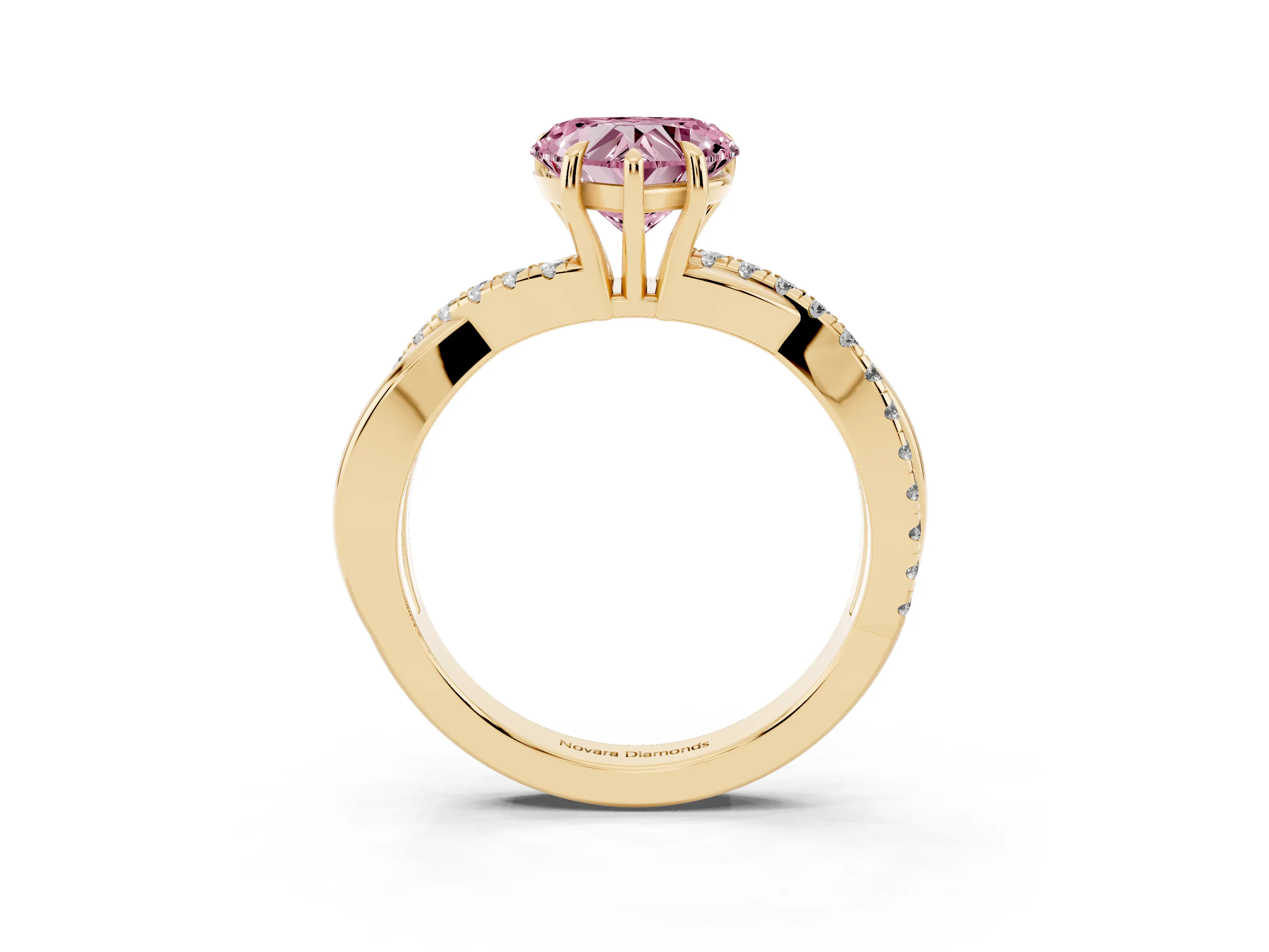 Fancy Pink Heart Cut Diamond Twisted Pavé Band Ring Set in Yellow gold with Prong Setting