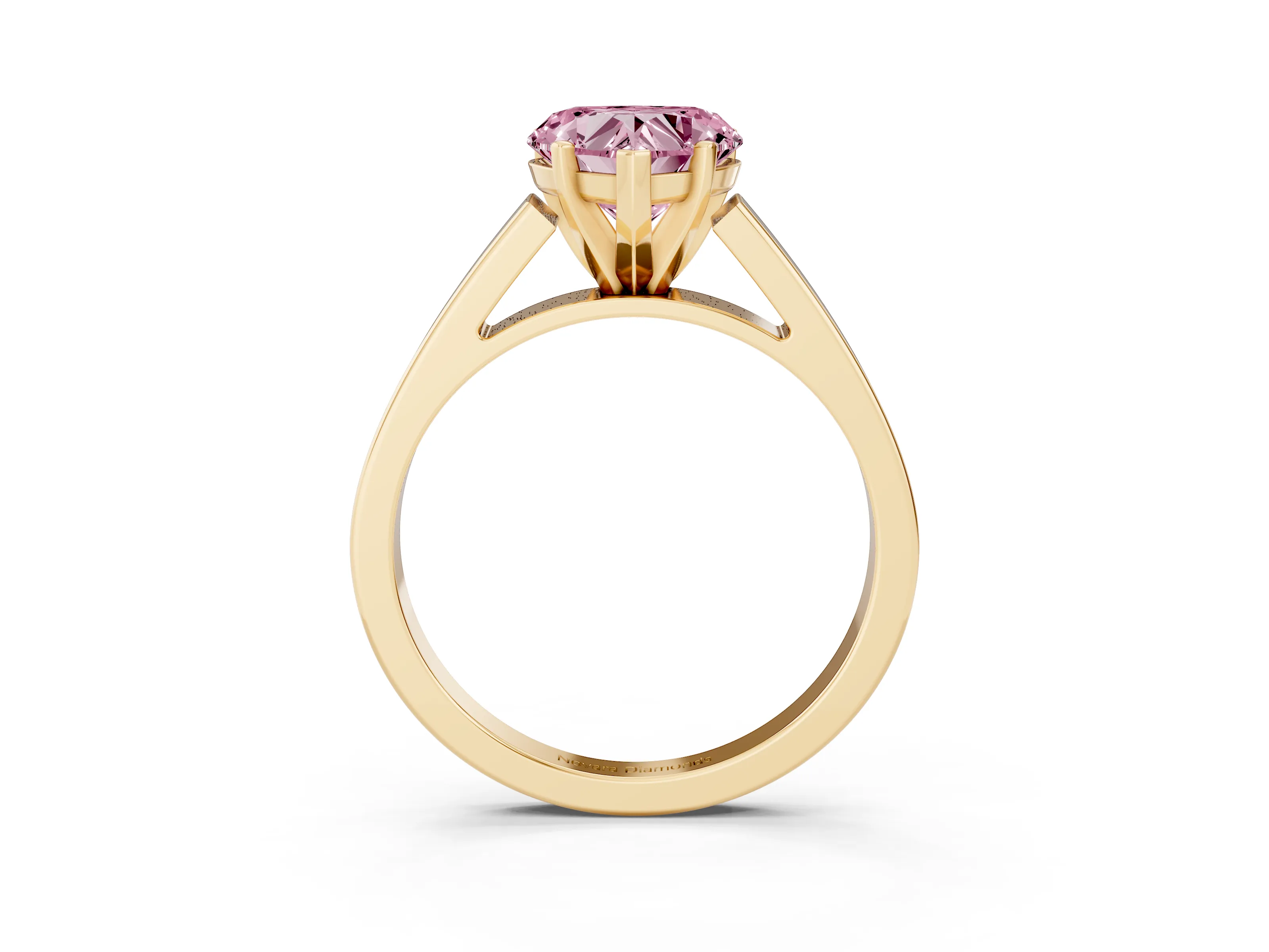 Fancy Pink Heart Cut Diamond Solitaire Engagement Ring Set in Yellow gold with Prong Setting and Tapered Band