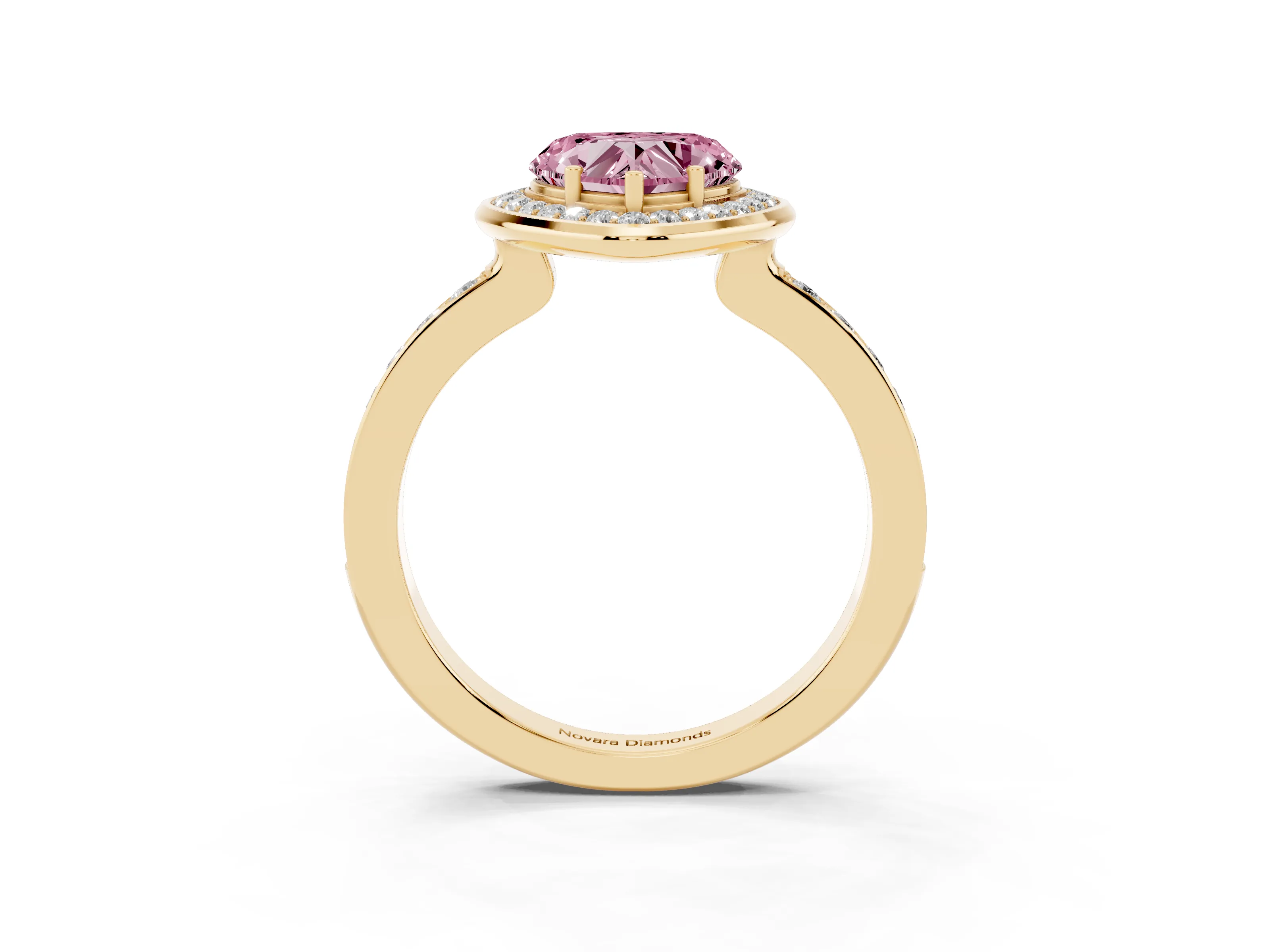 Fancy Pink Heart Cut Diamond Halo Ring Set in Yellow gold with Bezel Frame and Pavé Band