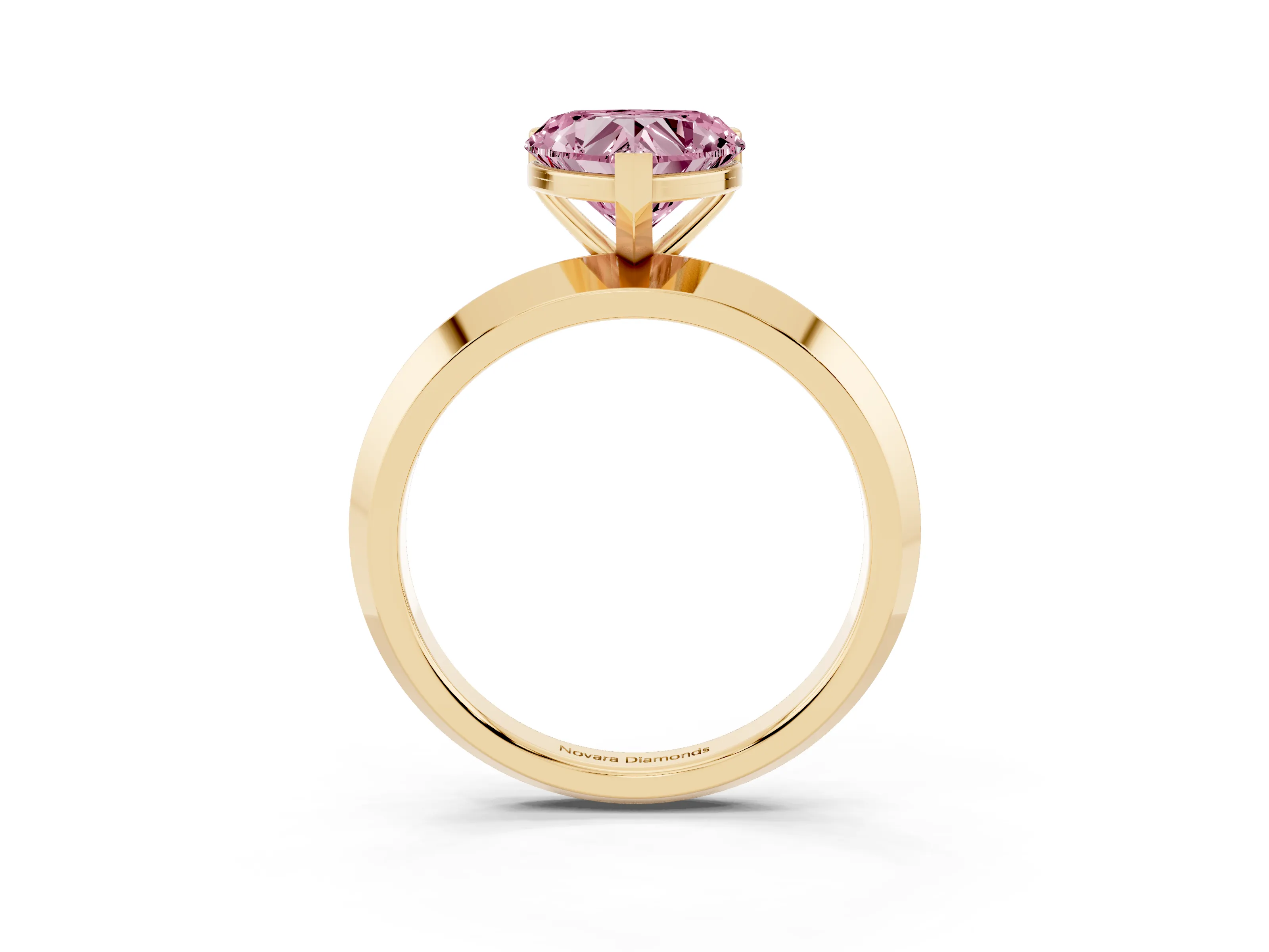 Fancy Pink Heart Cut Diamond Solitaire Engagement Ring Set in Yellow gold with Flat Band and Prong Setting