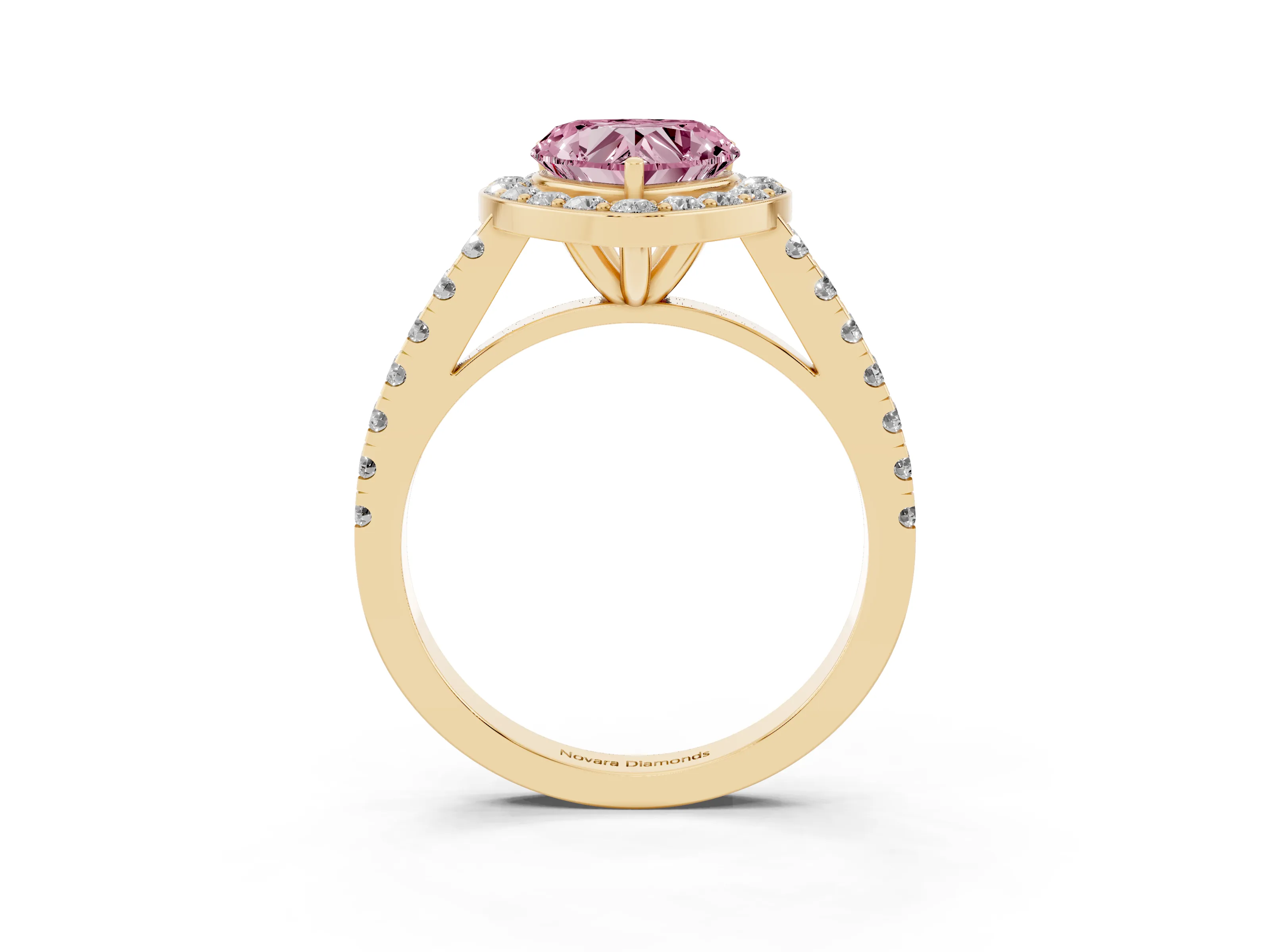 Fancy Pink Heart Cut Diamond Halo Ring Set in Yellow gold with Round Pavé Split Shank and Prong Setting