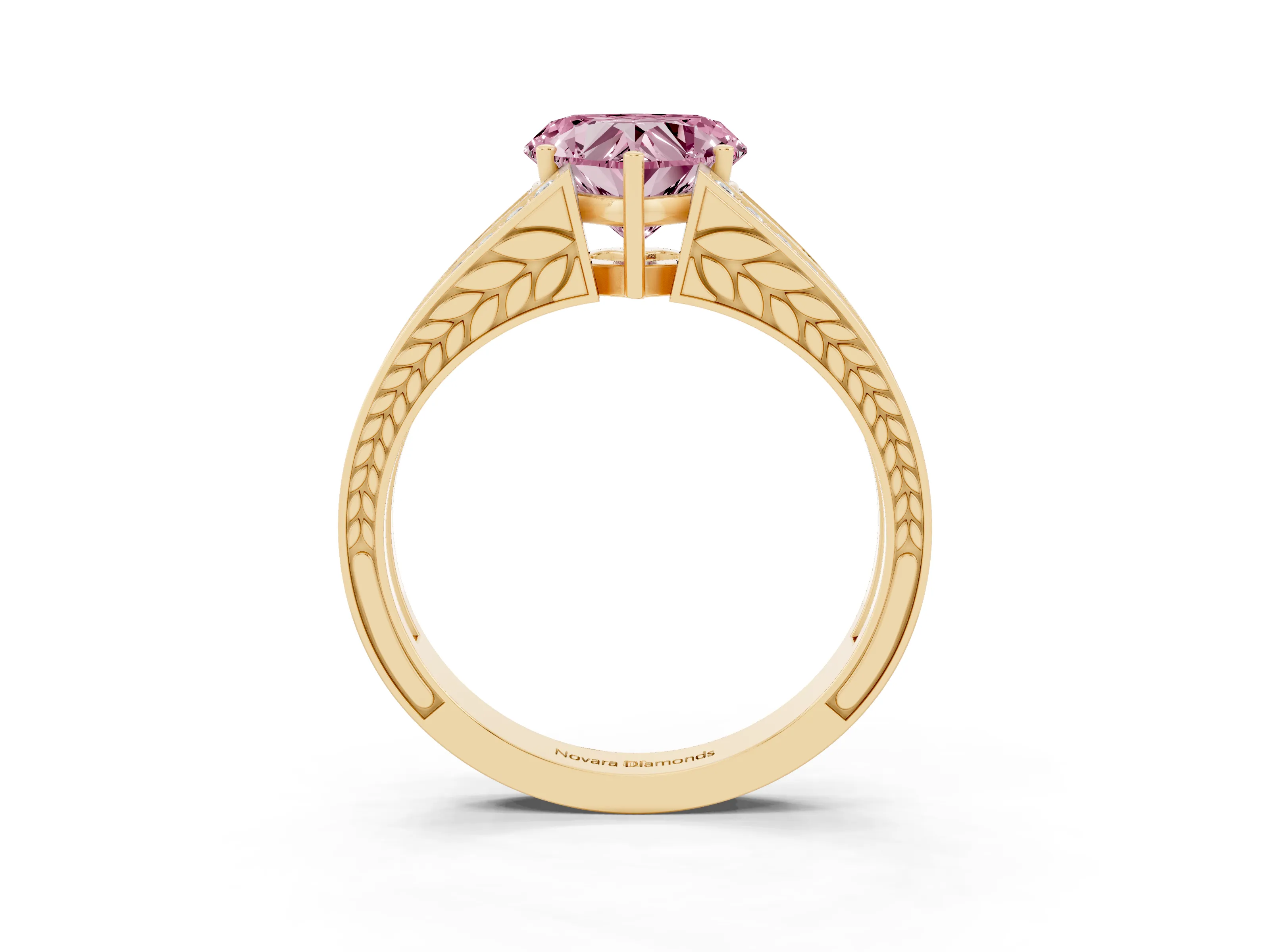 Fancy Pink Heart Cut Diamond Split Shank Ring Set in Yellow gold with Pavé Band and Prong Setting