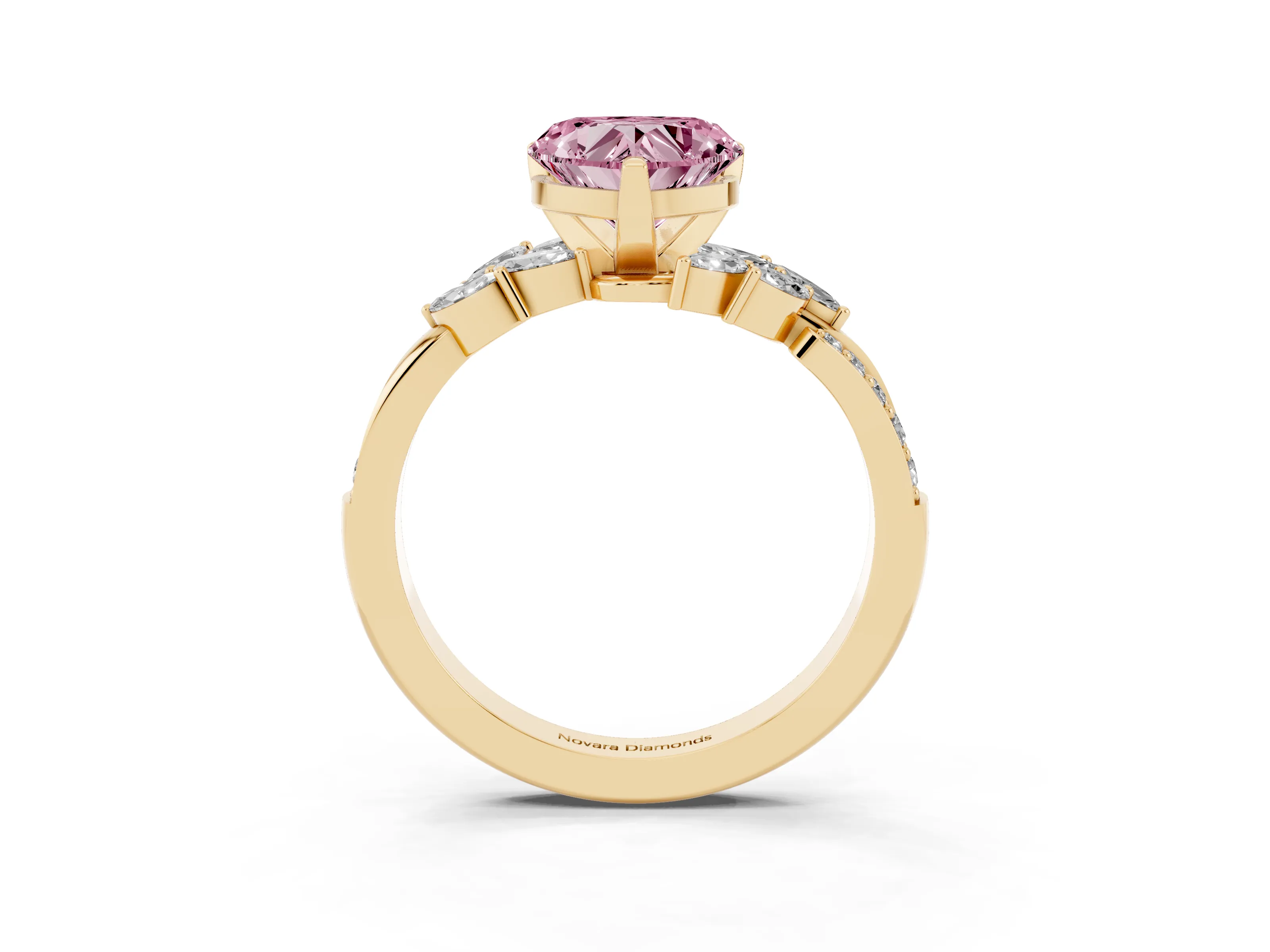 Fancy Pink Heart Cut Diamond Solitaire Ring Set in Yellow gold with Marquise Twist Band and Prong Setting