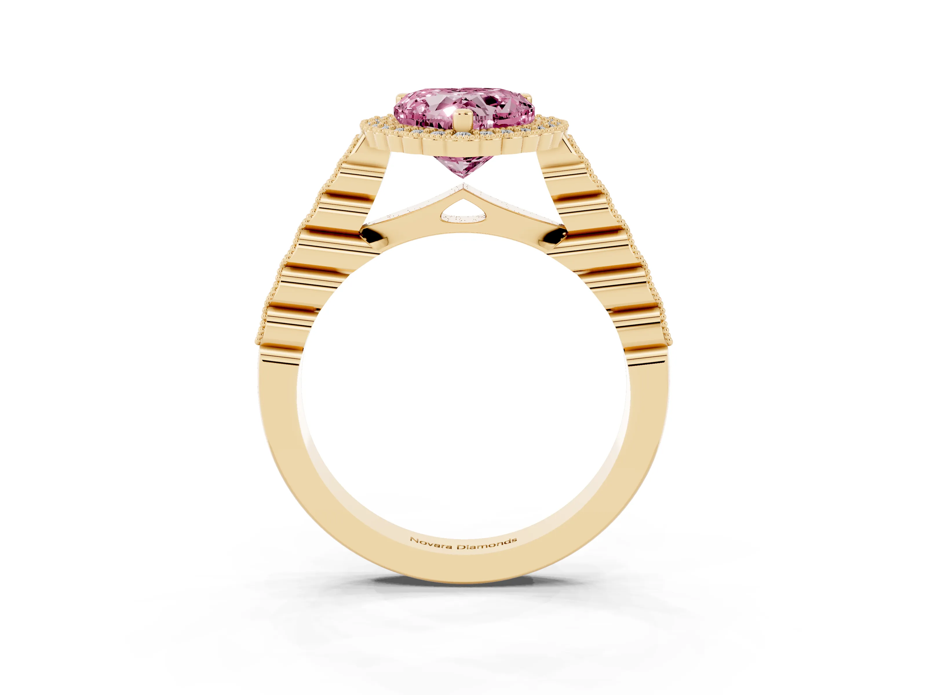 Fancy Pink Heart Cut Diamond Halo Ring Set in Yellow gold with Pavé Milgrain Band