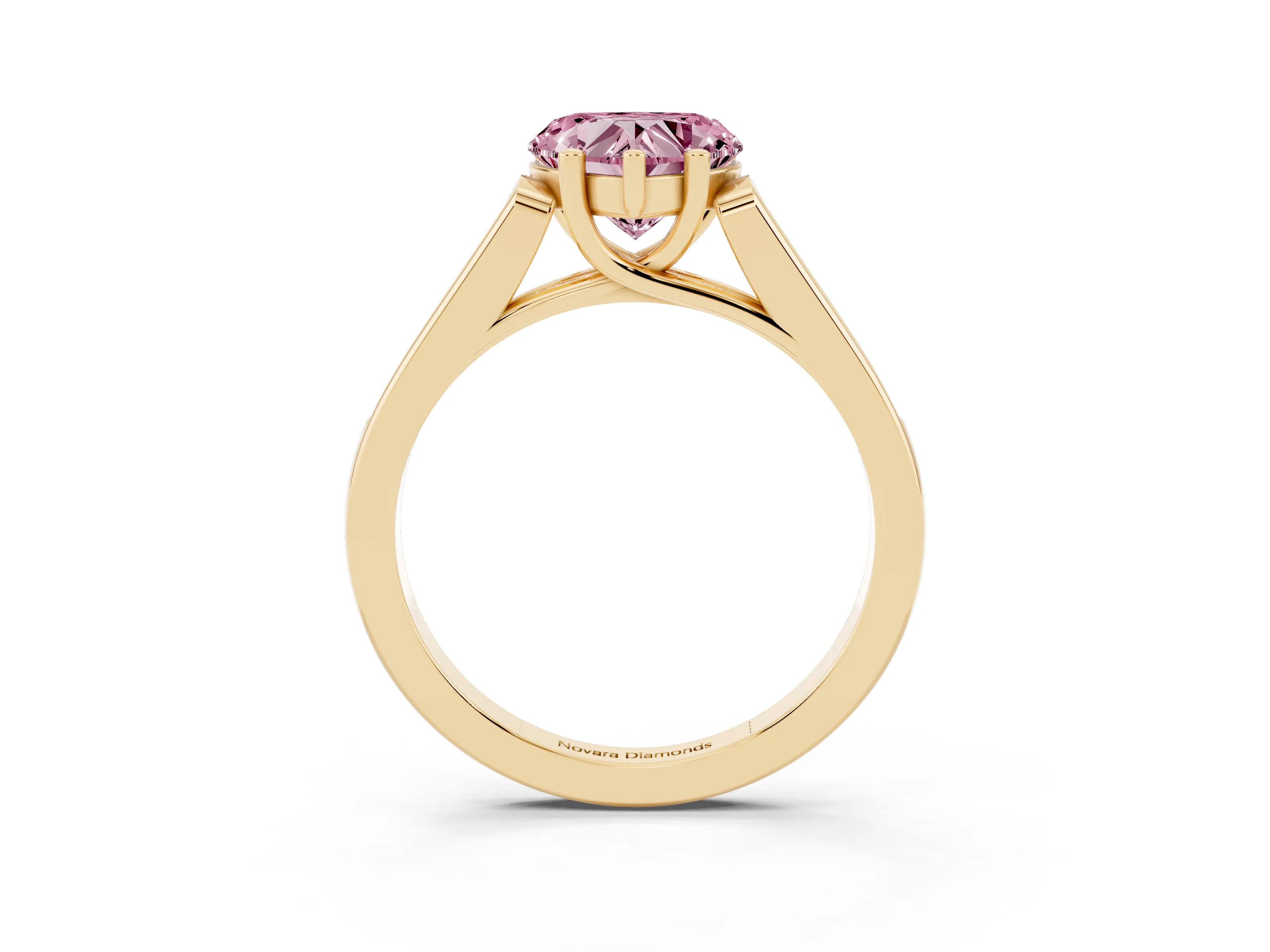Fancy Pink Heart Cut Diamond Solitaire Cathedral Engagement Ring Set in Yellow gold with Channel-Set Band and Prong Setting