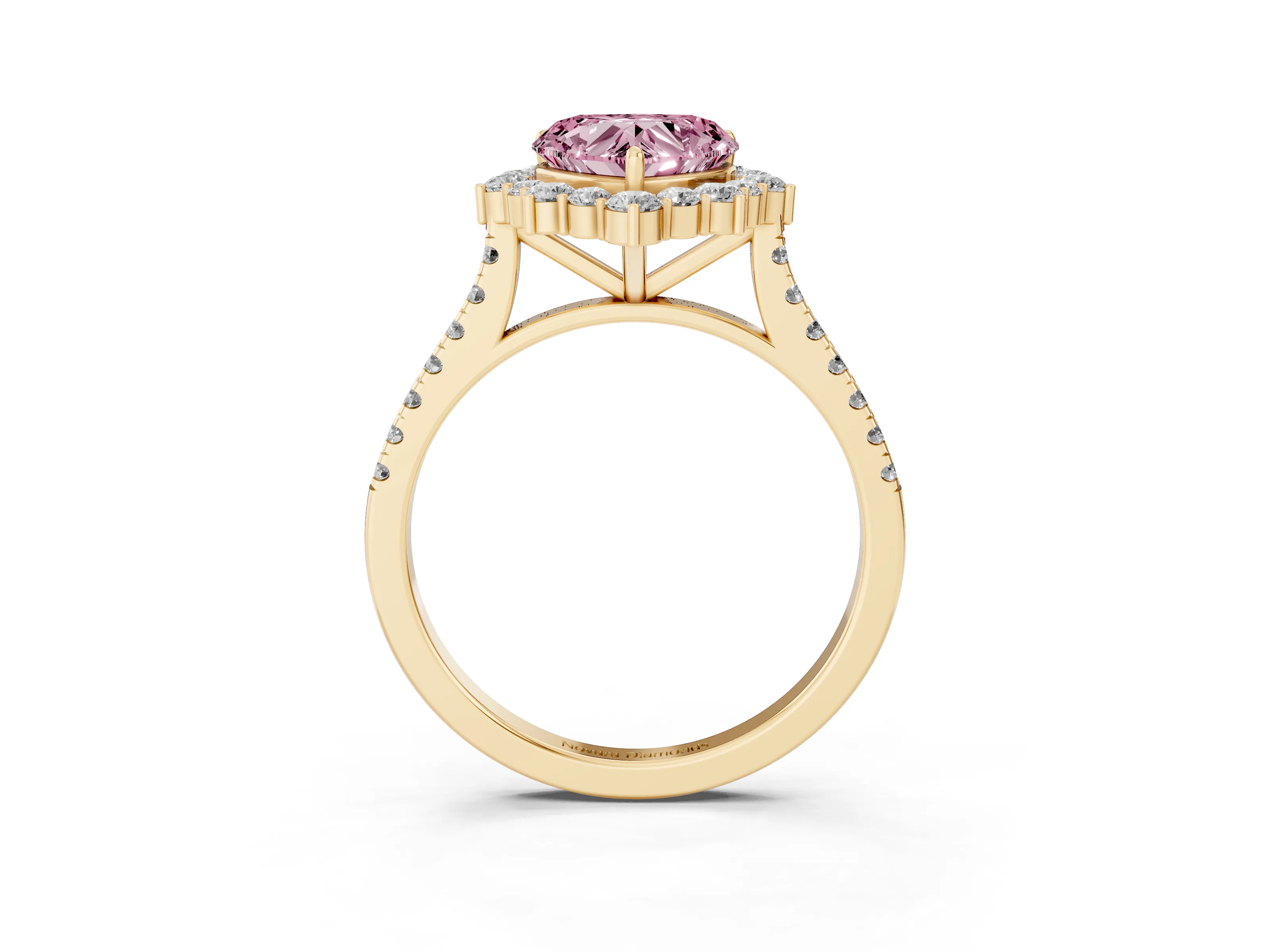 Fancy Pink Heart Cut Diamond Halo Ring Set in Yellow gold with Pavé Band and Prong Setting