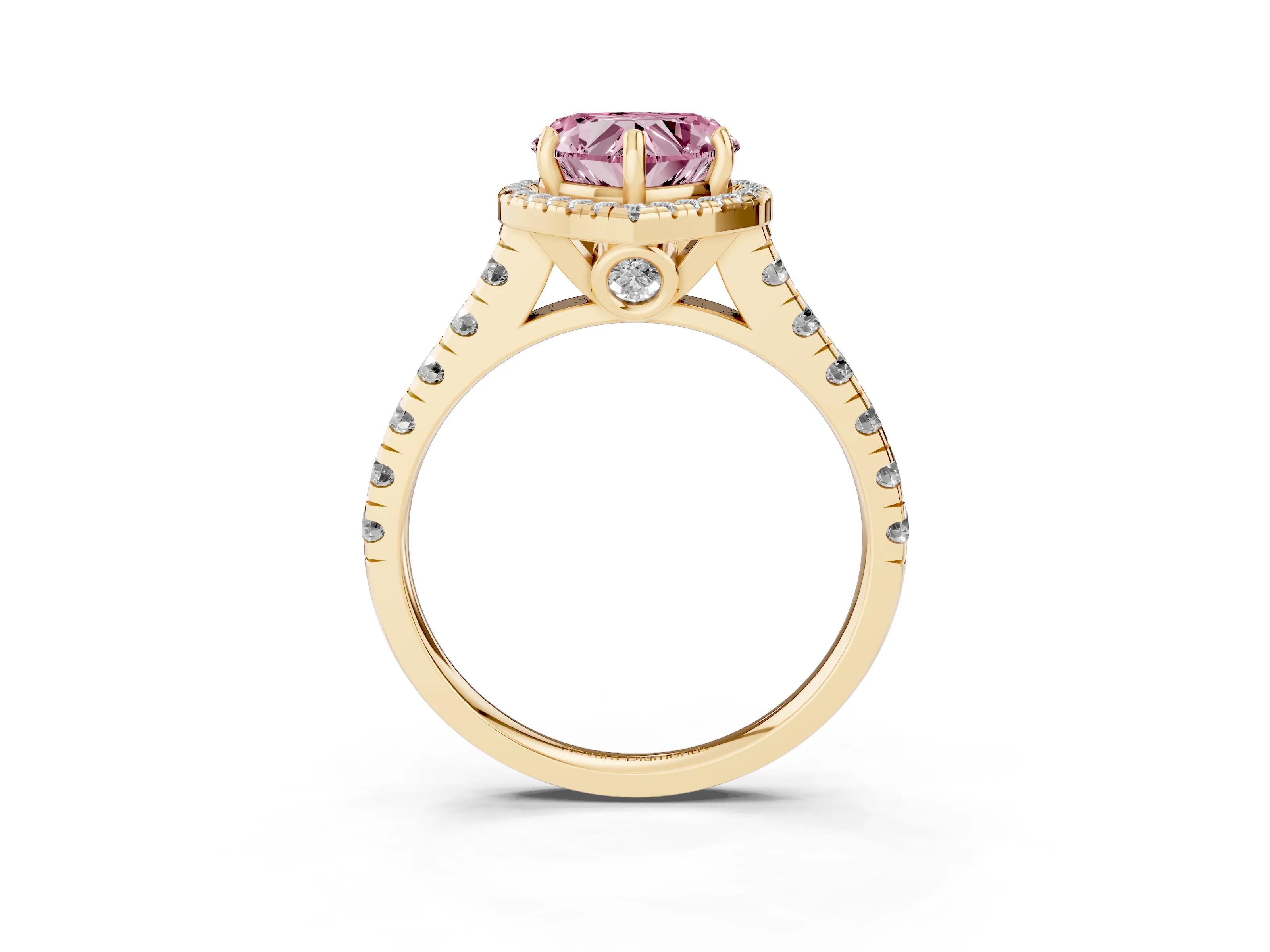 Fancy Pink Heart Cut Diamond Halo Engagement Ring Set in Yellow gold with Pavé Band and Prong-Set Center