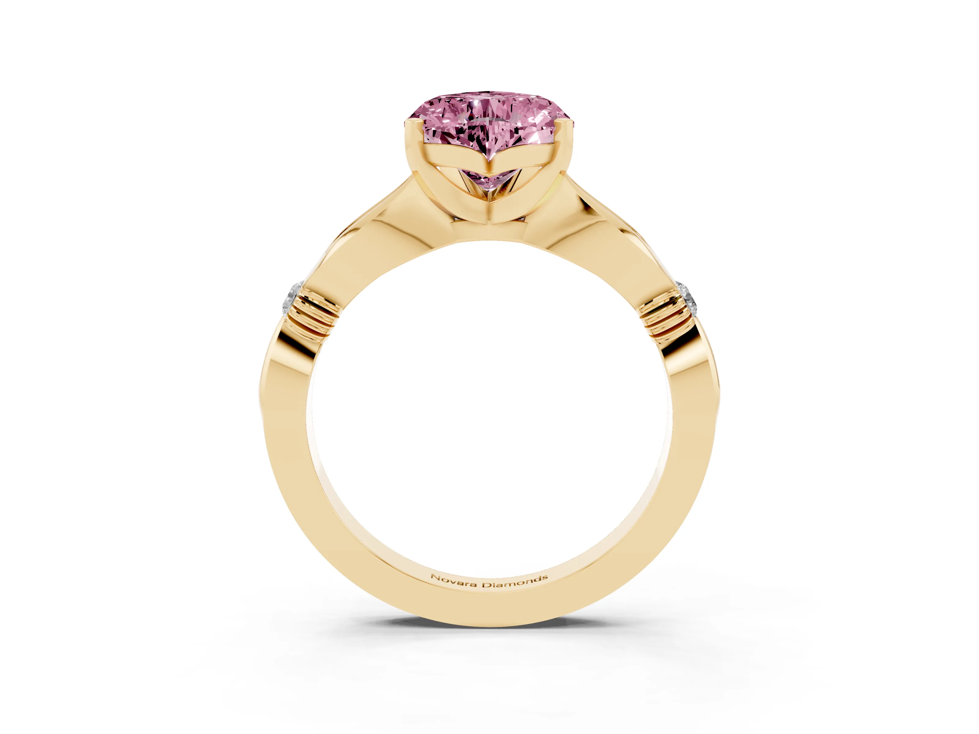 Fancy Pink Heart Cut Diamond Solitaire Twisted Band Ring Set in Yellow gold with Accent Stones and Prong Setting