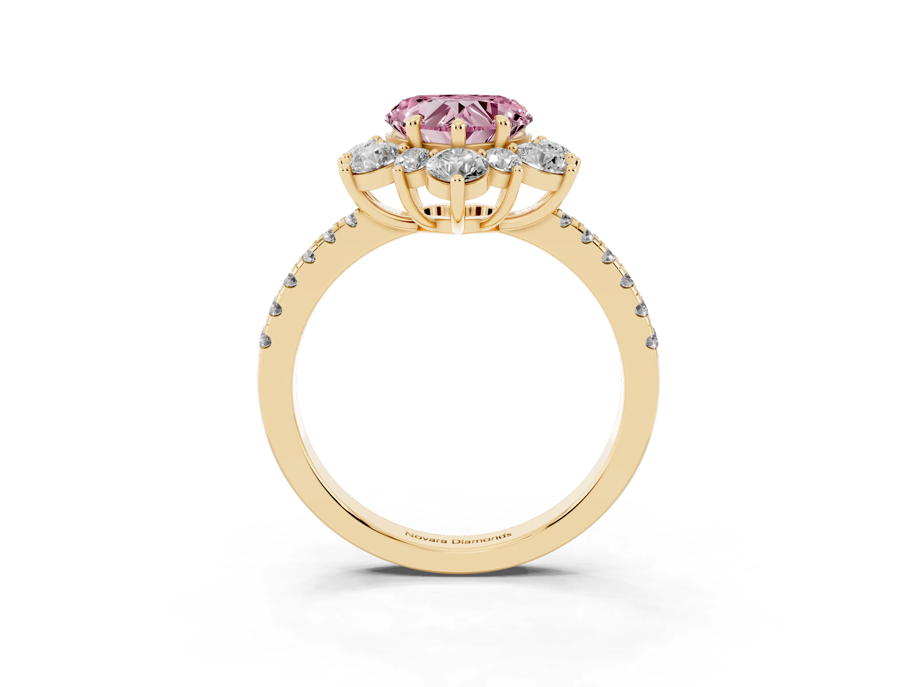Fancy Pink Heart Cut Diamond Floral Halo Ring Set in Yellow gold with Round Pavé Band and Prong Setting