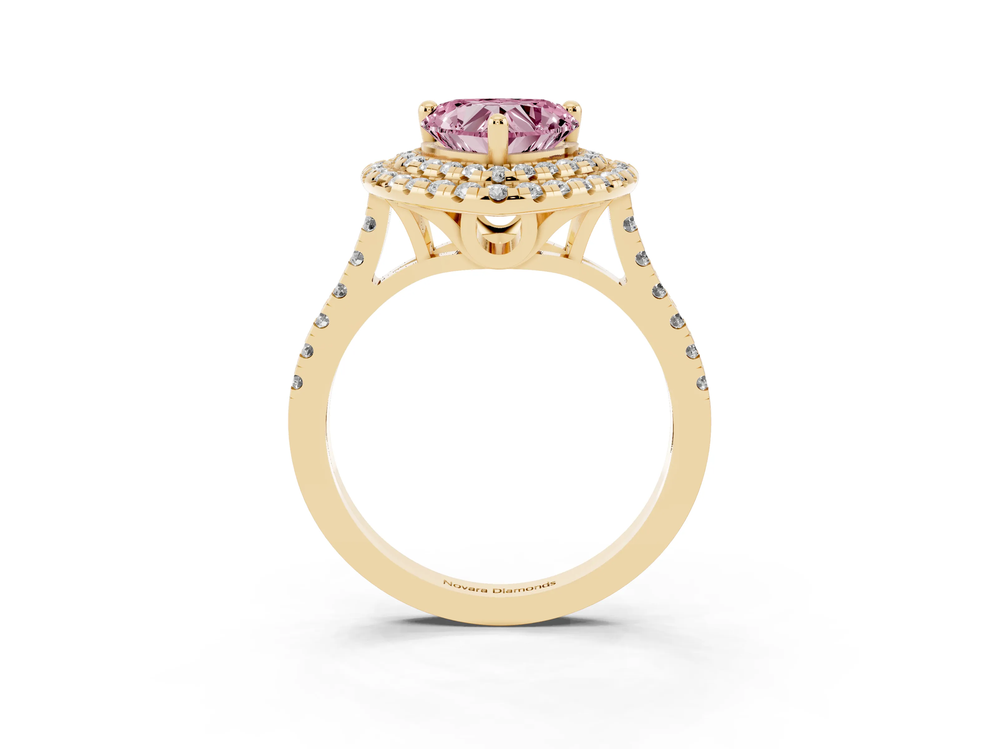 Fancy Pink Heart Cut Diamond Double Halo Statement Ring Set in Yellow gold with Pavé Band