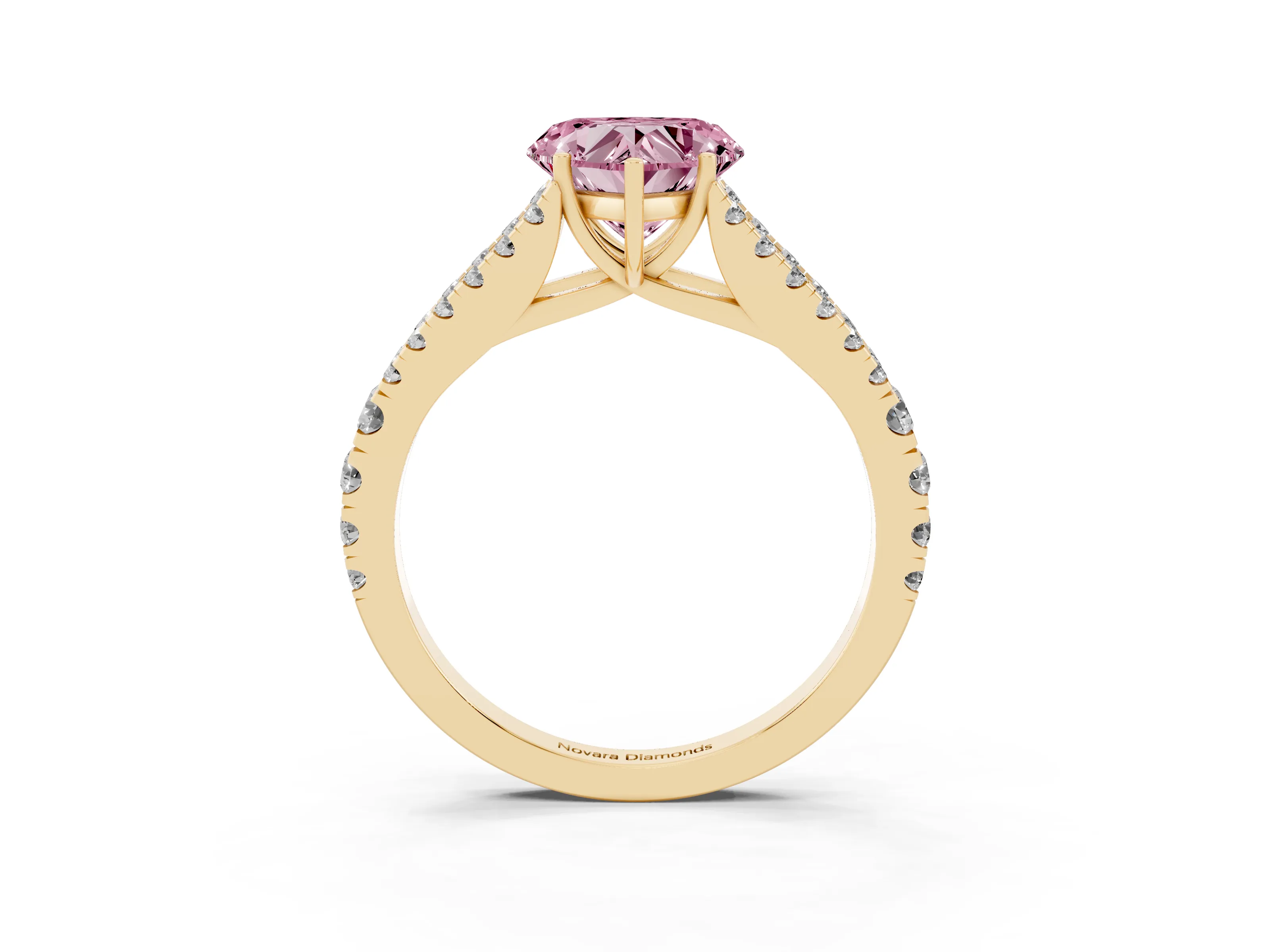 Fancy Pink Heart Cut Diamond Split Shank Pavé Engagement Ring Set in Yellow gold with Prong-Held Center Stone