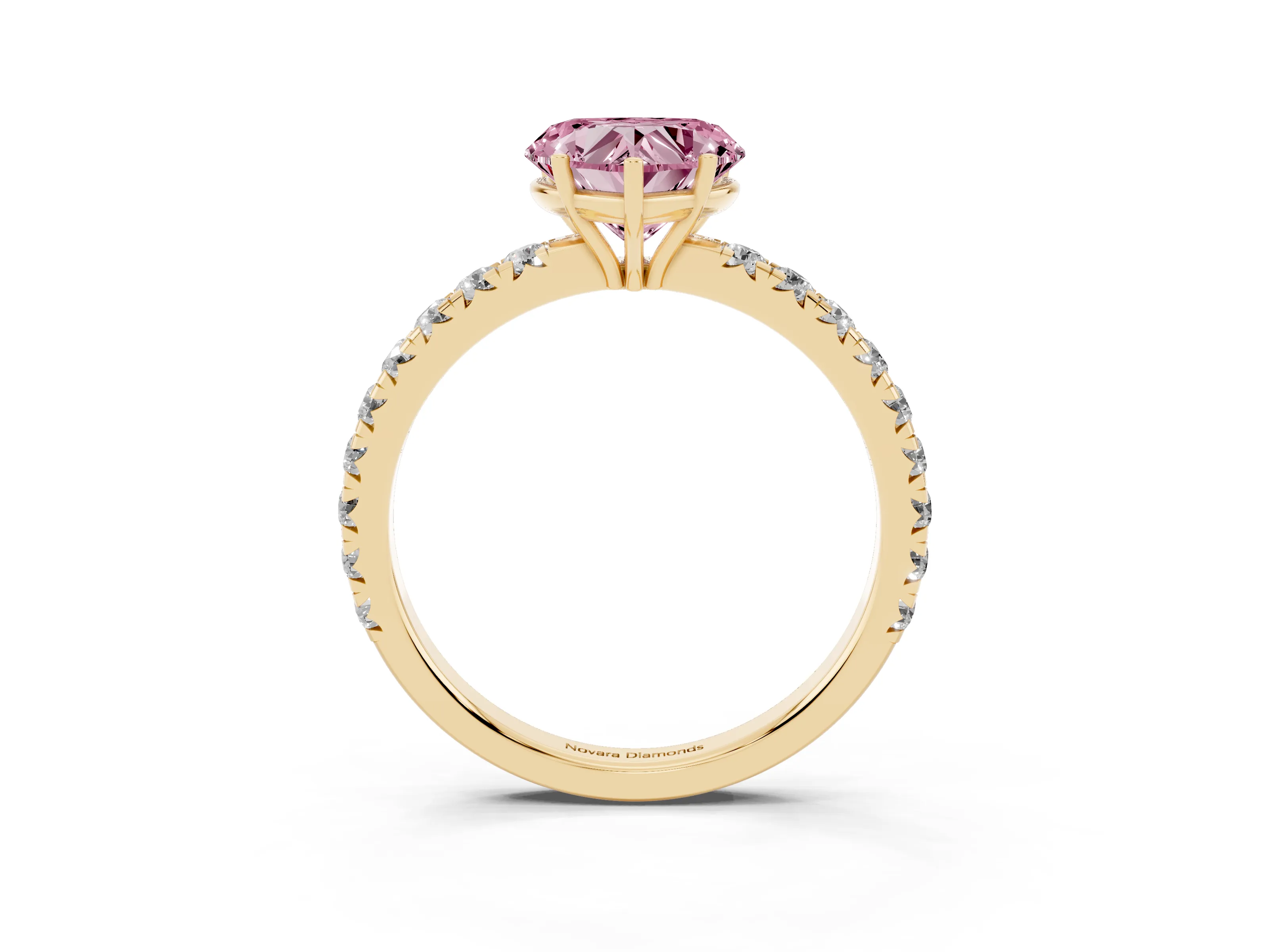 Fancy Pink Heart Cut Diamond Pavé Solitaire Engagement Ring Set in Yellow gold with Prong Setting