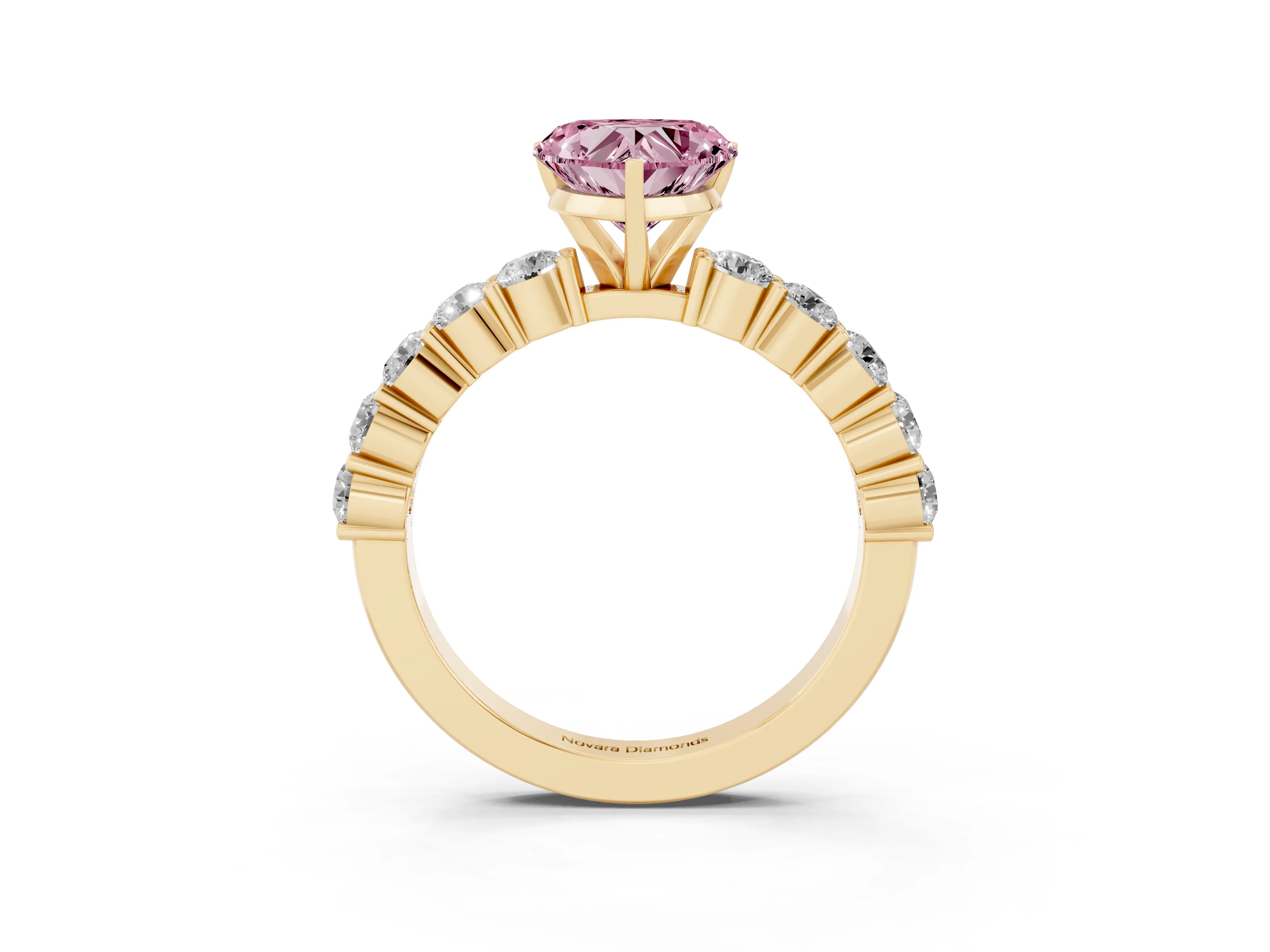 Fancy Pink Heart Cut Diamond Solitaire Ring Set in Yellow gold with Shared Prong Round Side Stones