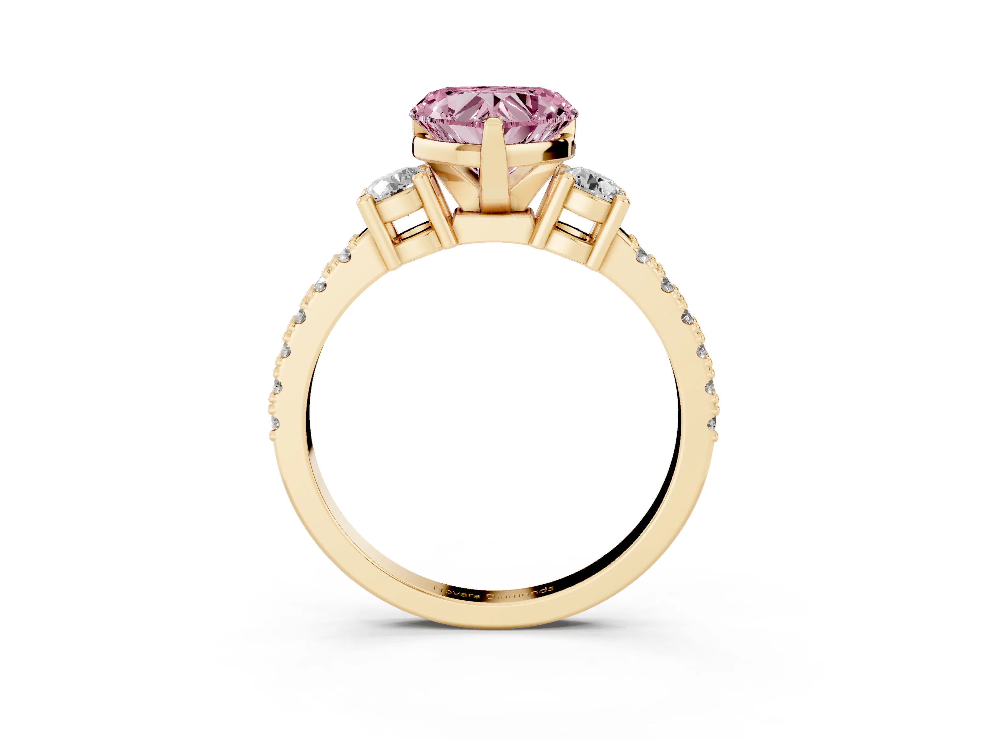 Fancy Pink Three-Stone Heart Cut Diamond Pavé Band Ring Set in Yellow gold with Prong Setting