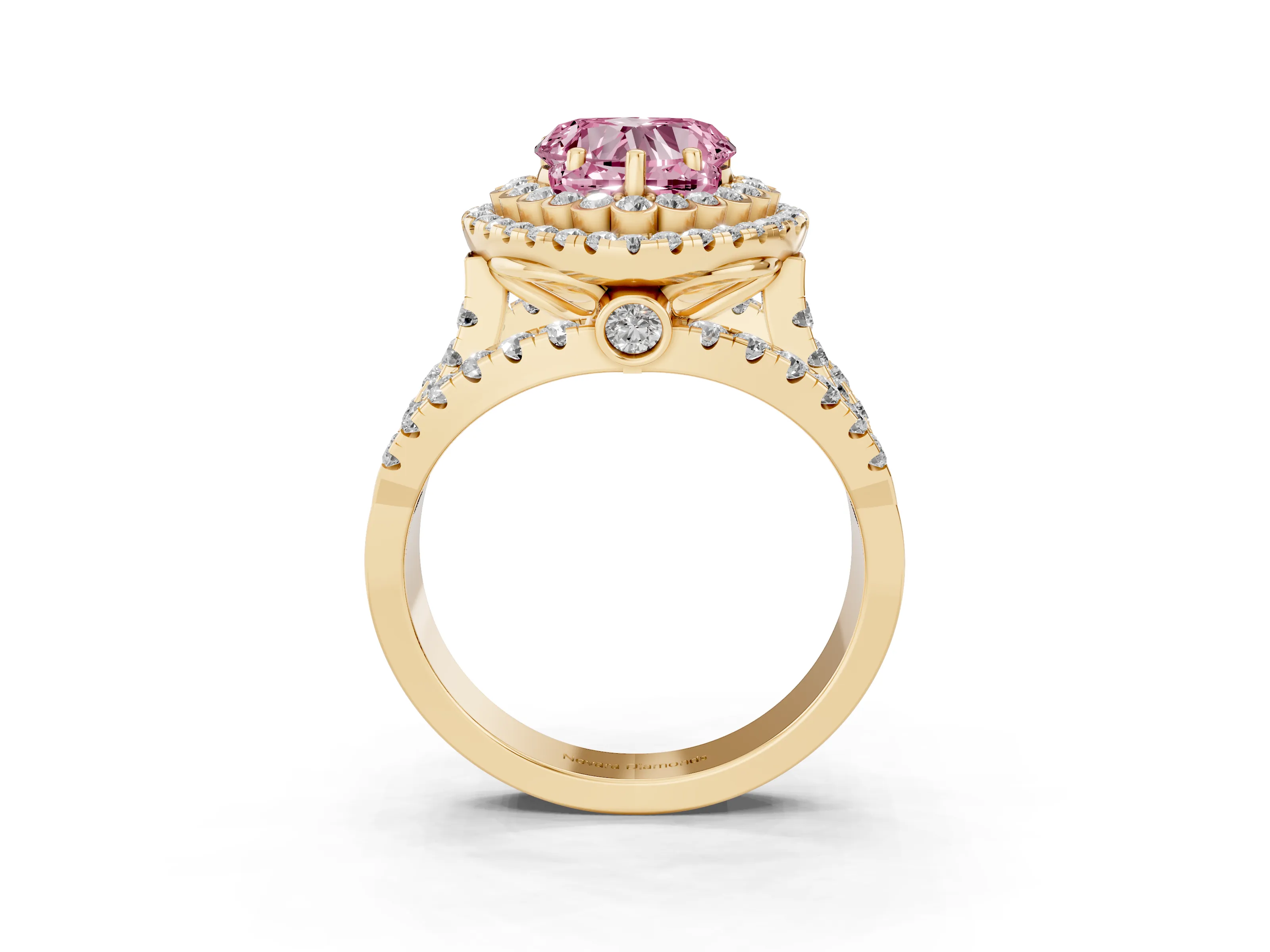 Fancy Pink Heart Cut Diamond Double Halo Ring Set in Yellow gold with Round Pavé Split Shank