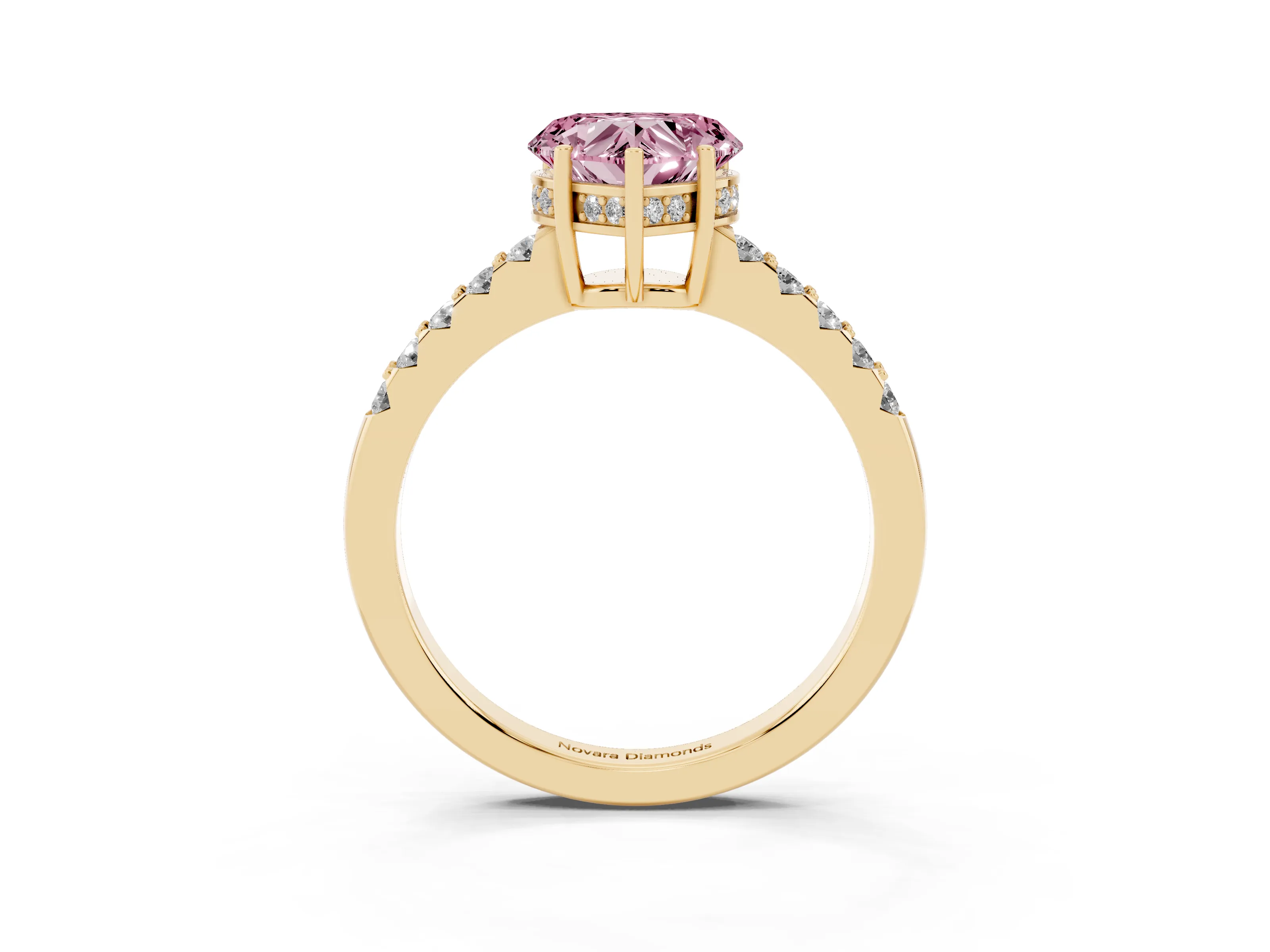 Fancy Pink Heart Cut Diamond Solitaire Engagement Ring Set in Yellow gold with Pavé Band and Prong Setting