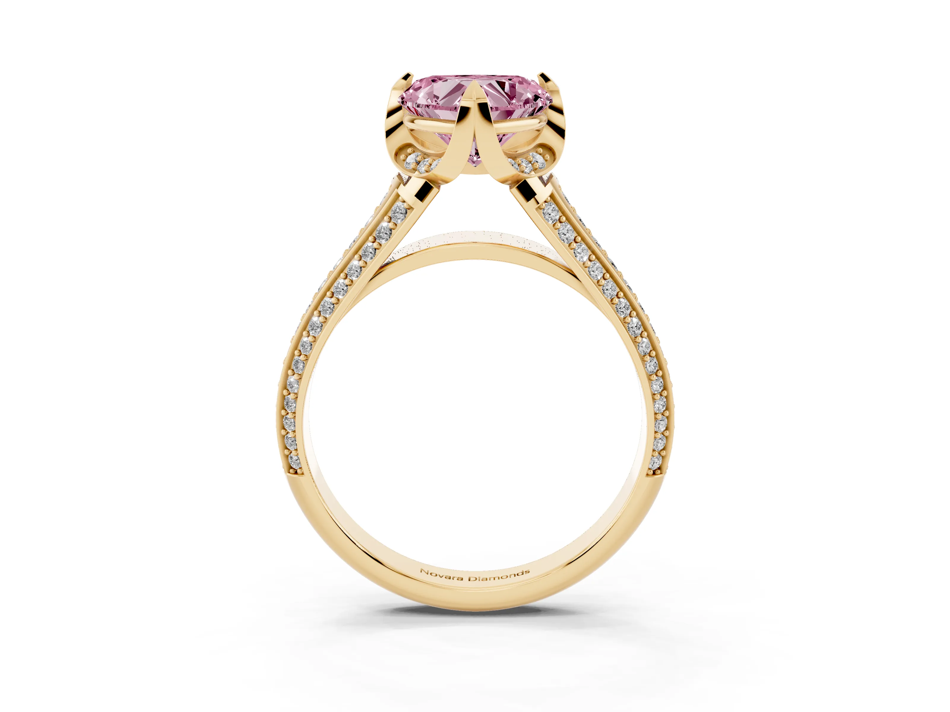 Fancy Pink Heart Cut Diamond Pavé Split Shank Solitaire Ring Set in Yellow gold with Prong Setting