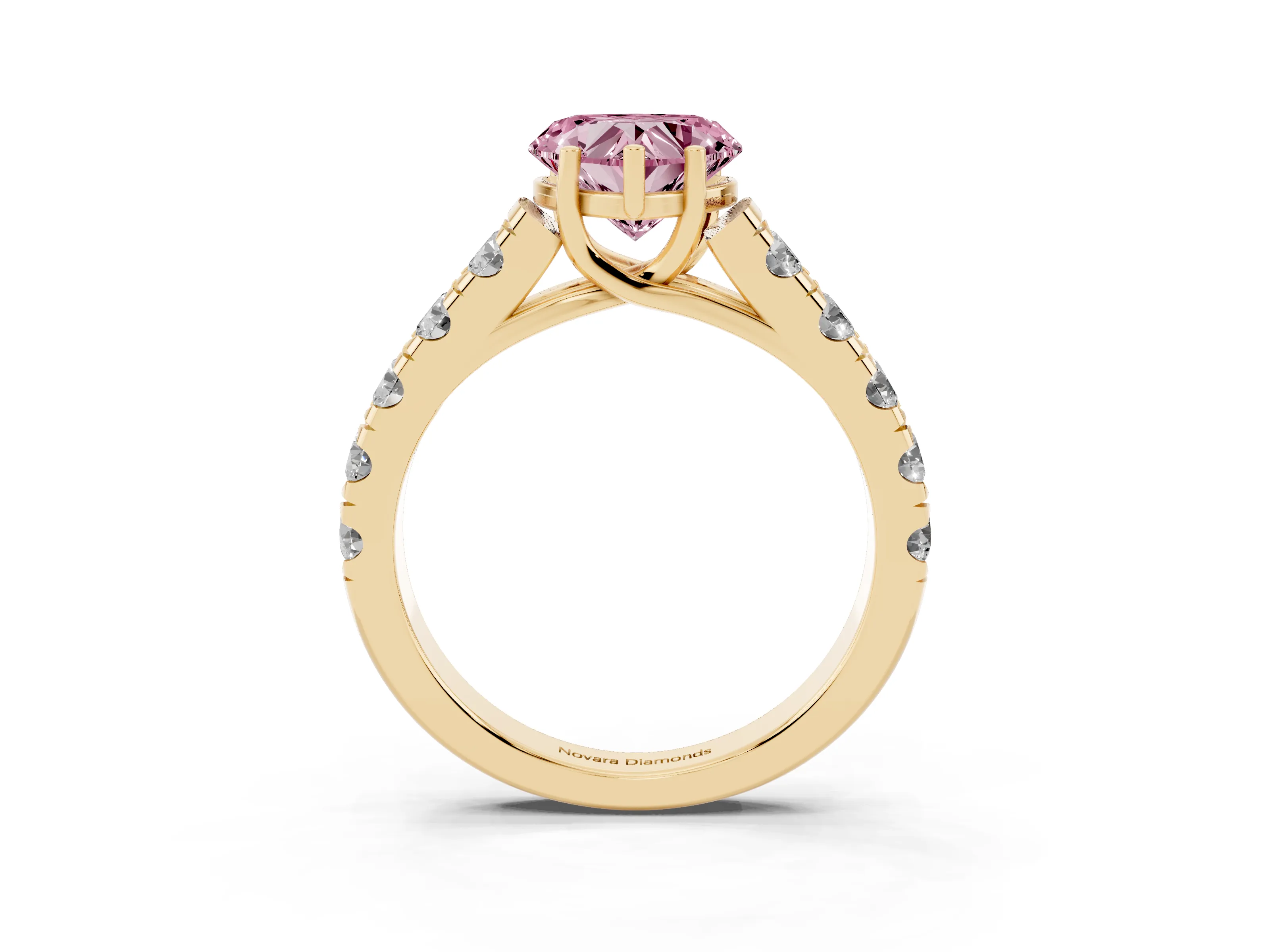 Fancy Pink Heart Cut Diamond Solitaire Ring Set in Yellow gold with Cut-Down Micro Pavé Band and Prong Setting