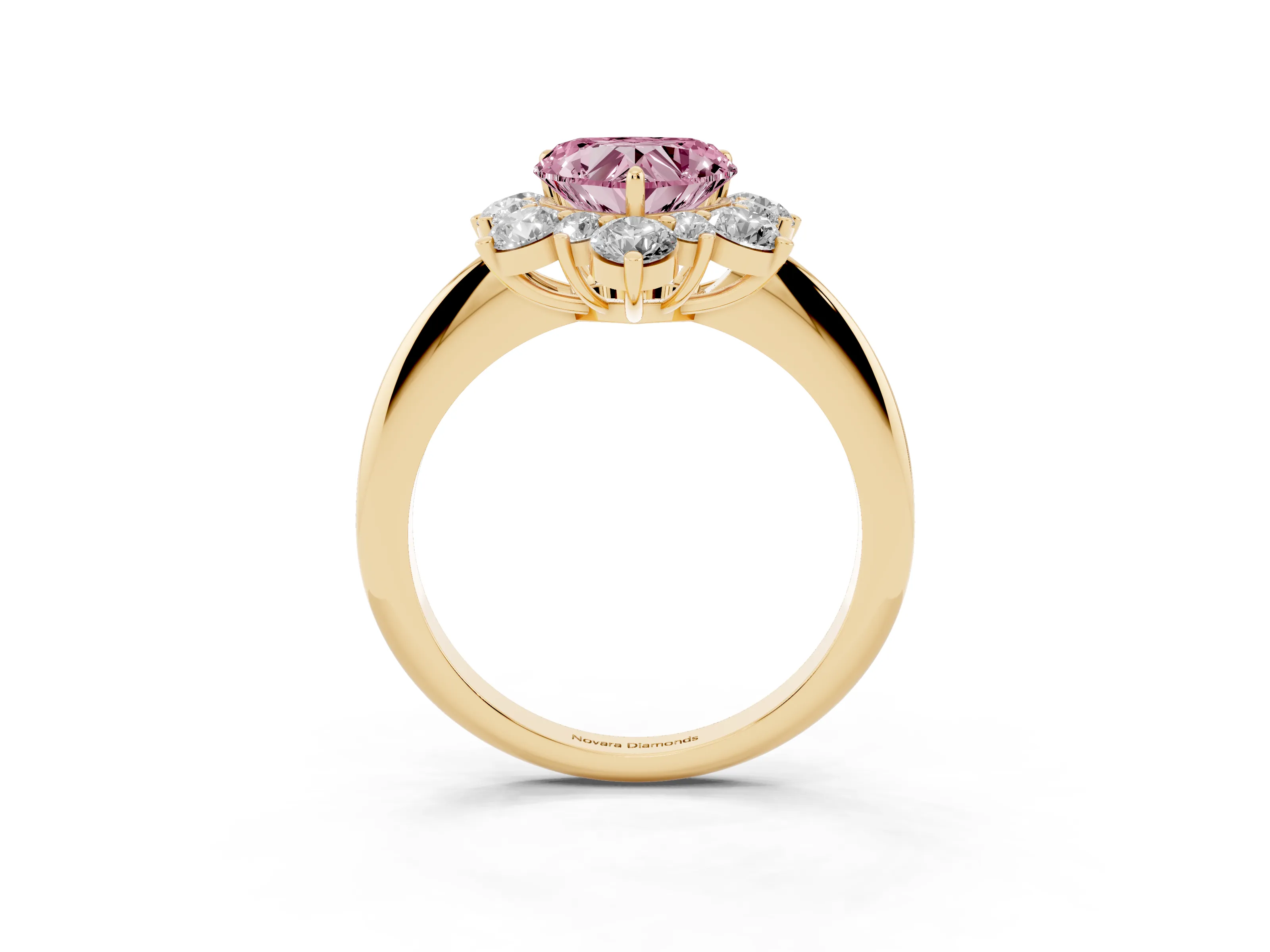 Fancy Pink Heart Cut Diamond Cluster Halo Ring Set in Yellow gold with Solitaire Band and Prong Setting