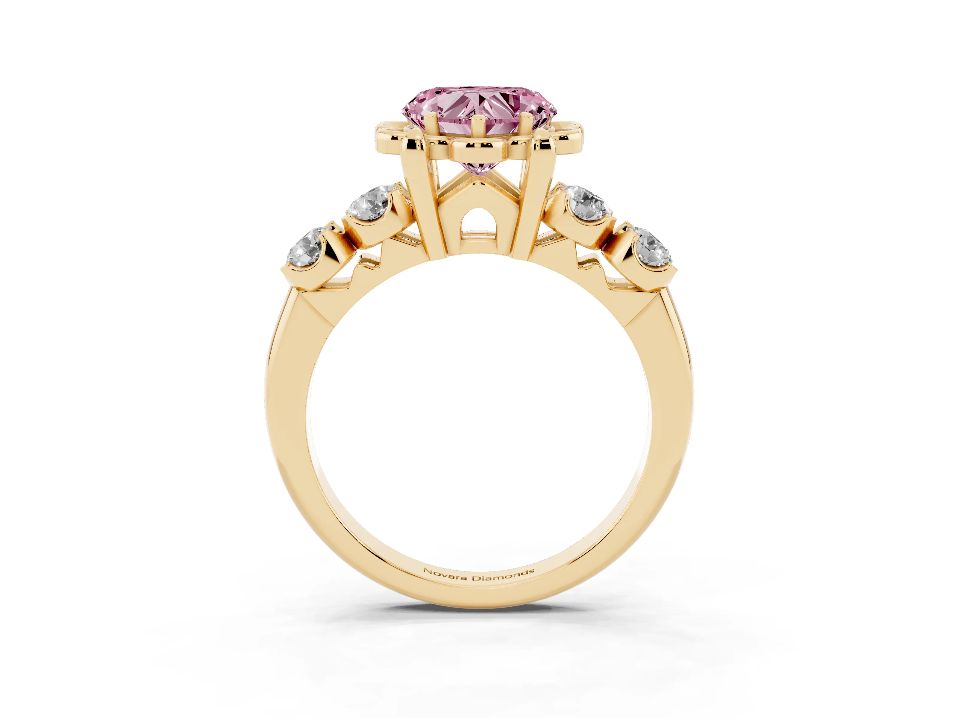 Fancy Pink Heart Cut Diamond Floral Halo Ring Set in Yellow gold with Shared Prong Band