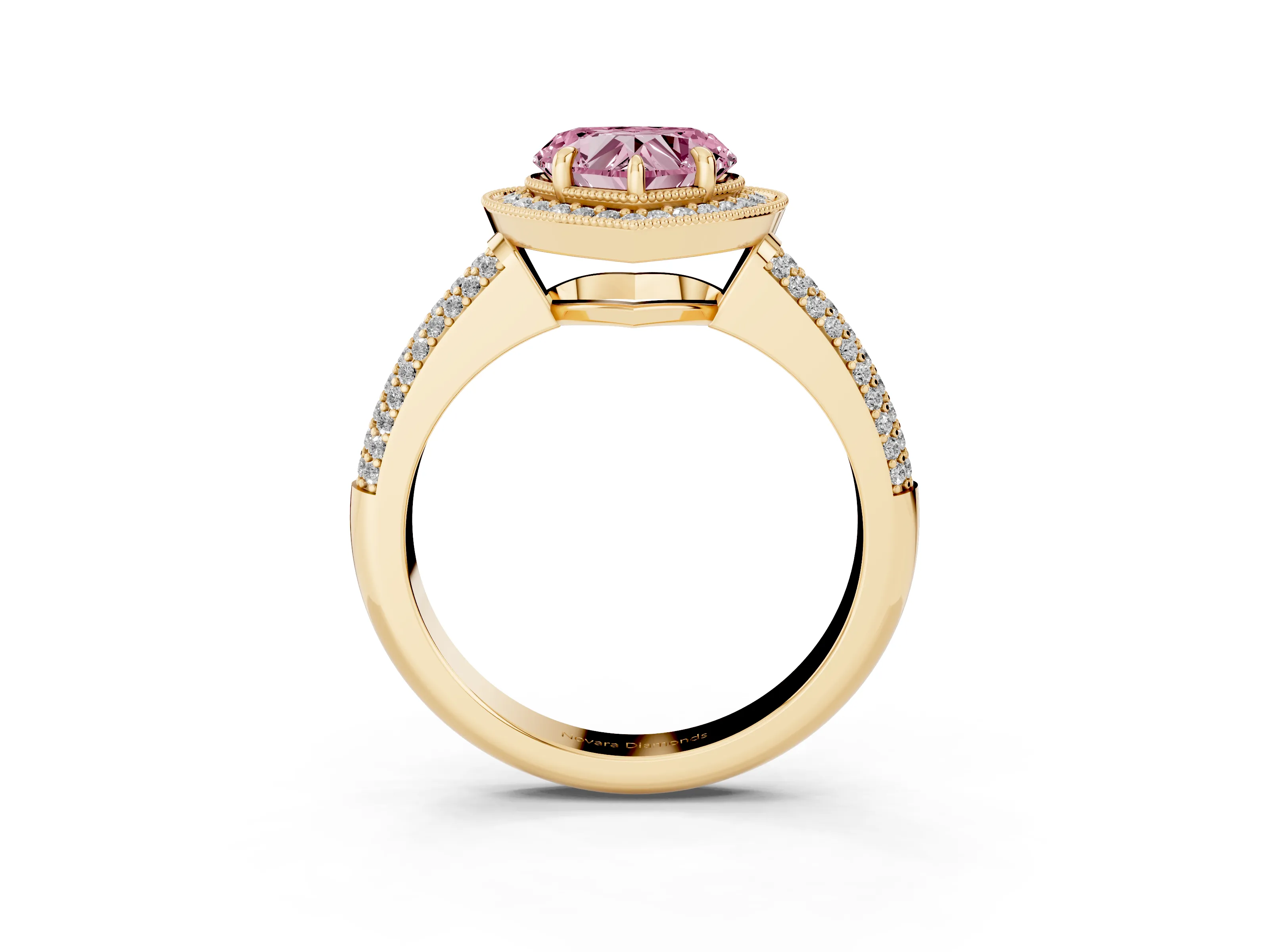 Fancy Pink Heart Cut Diamond Halo Pavé Band Set in Yellow gold with Prong Setting