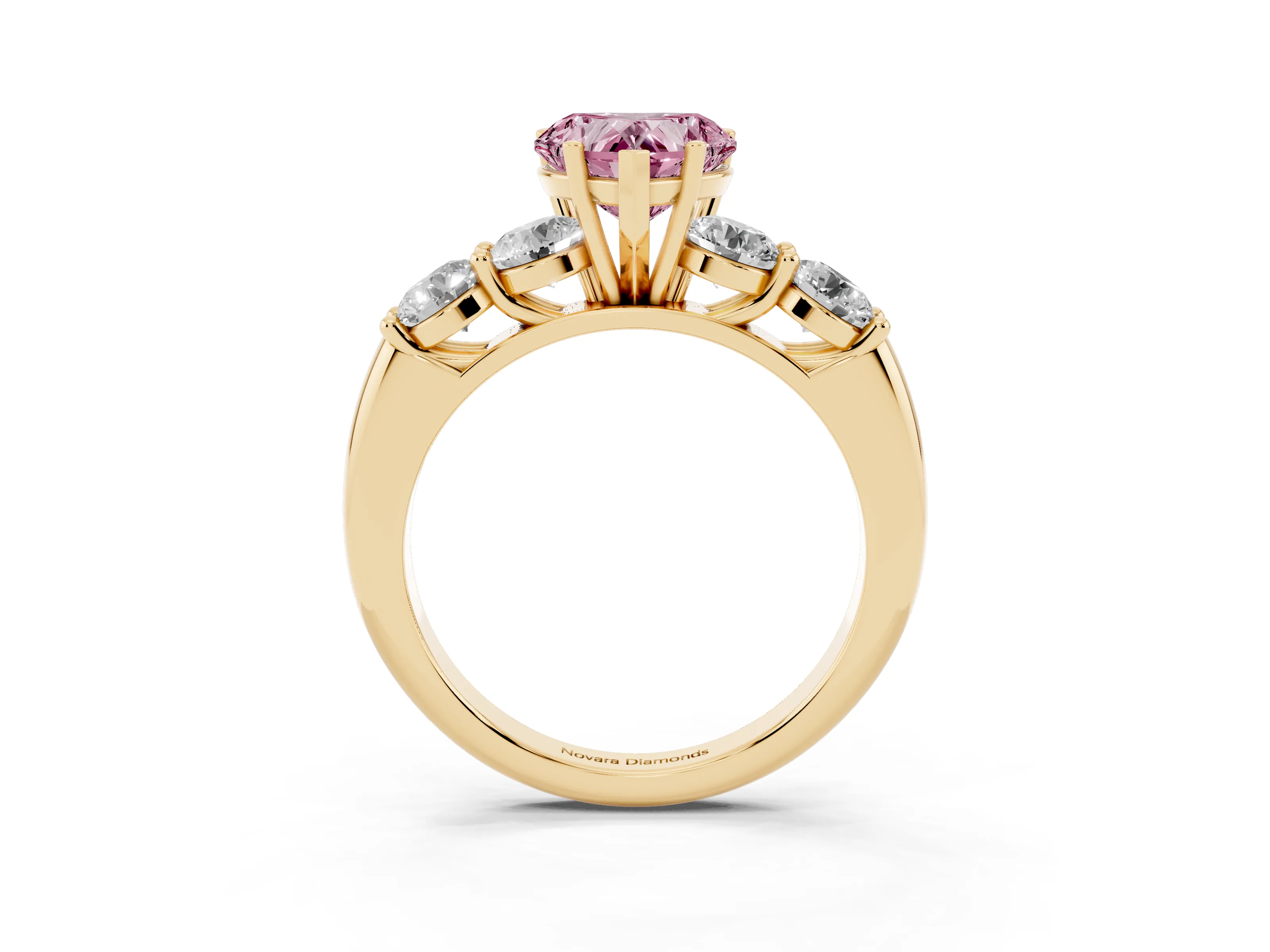 Fancy Pink Heart Cut Diamond Five-Stone Prong Set Ring Set in Yellow gold with Classic Band