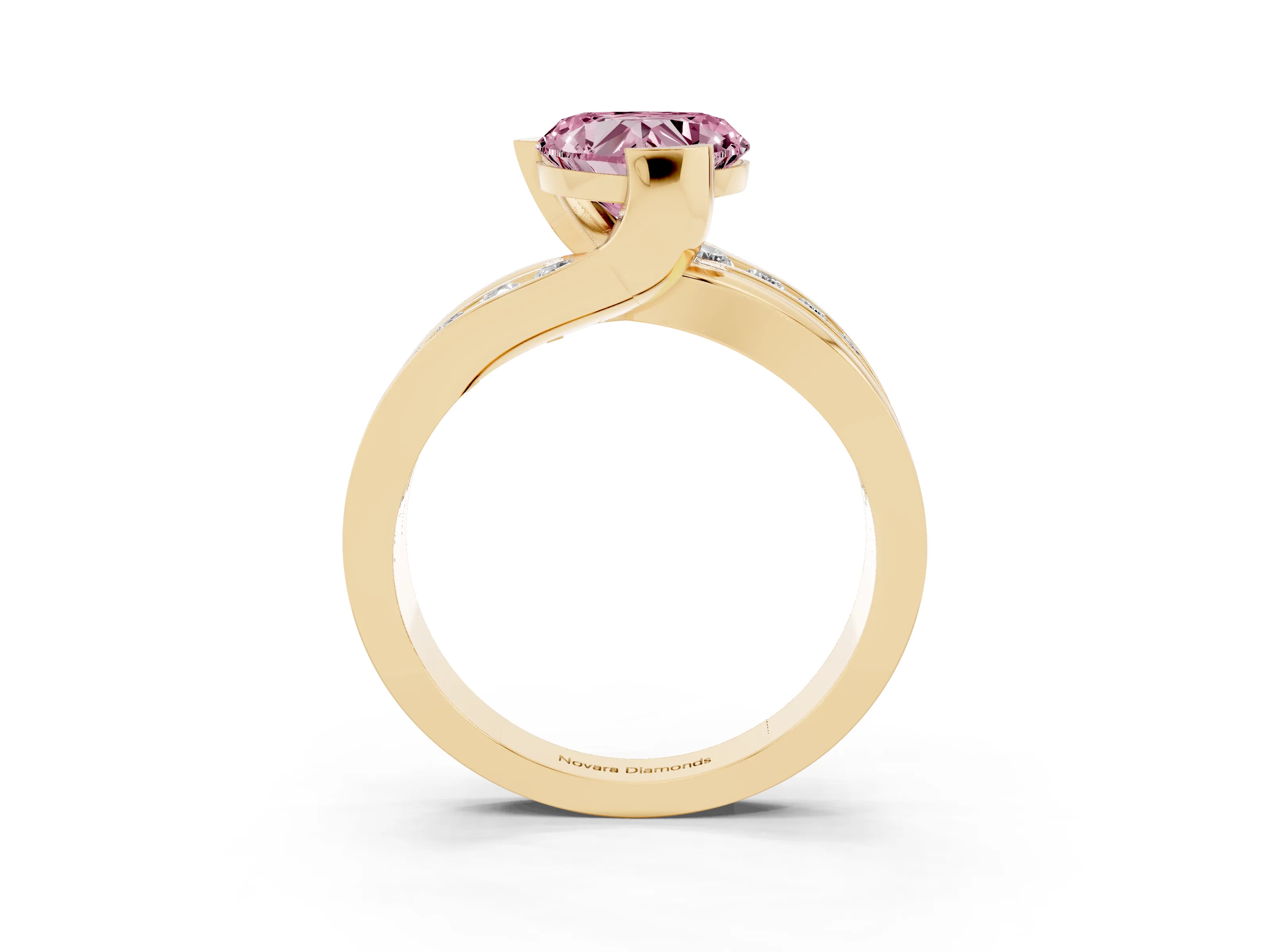 Fancy Pink Heart Cut Diamond Solitaire Ring Set in Yellow gold with Channel Set Split Shank and Tension Prongs
