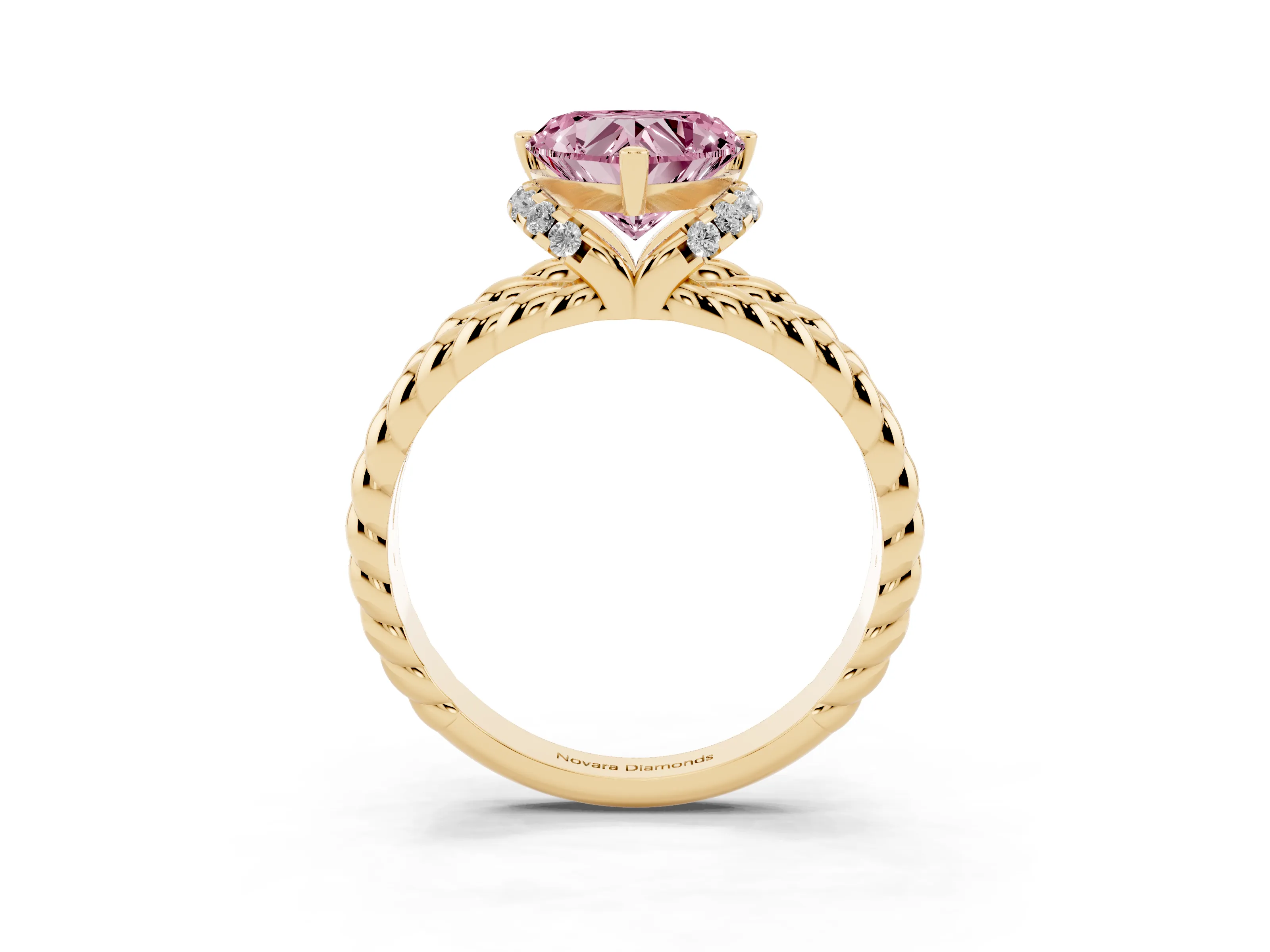 Fancy Pink Heart Cut Diamond Halo Ring Set in Yellow gold with Twisted Band and Prong Setting