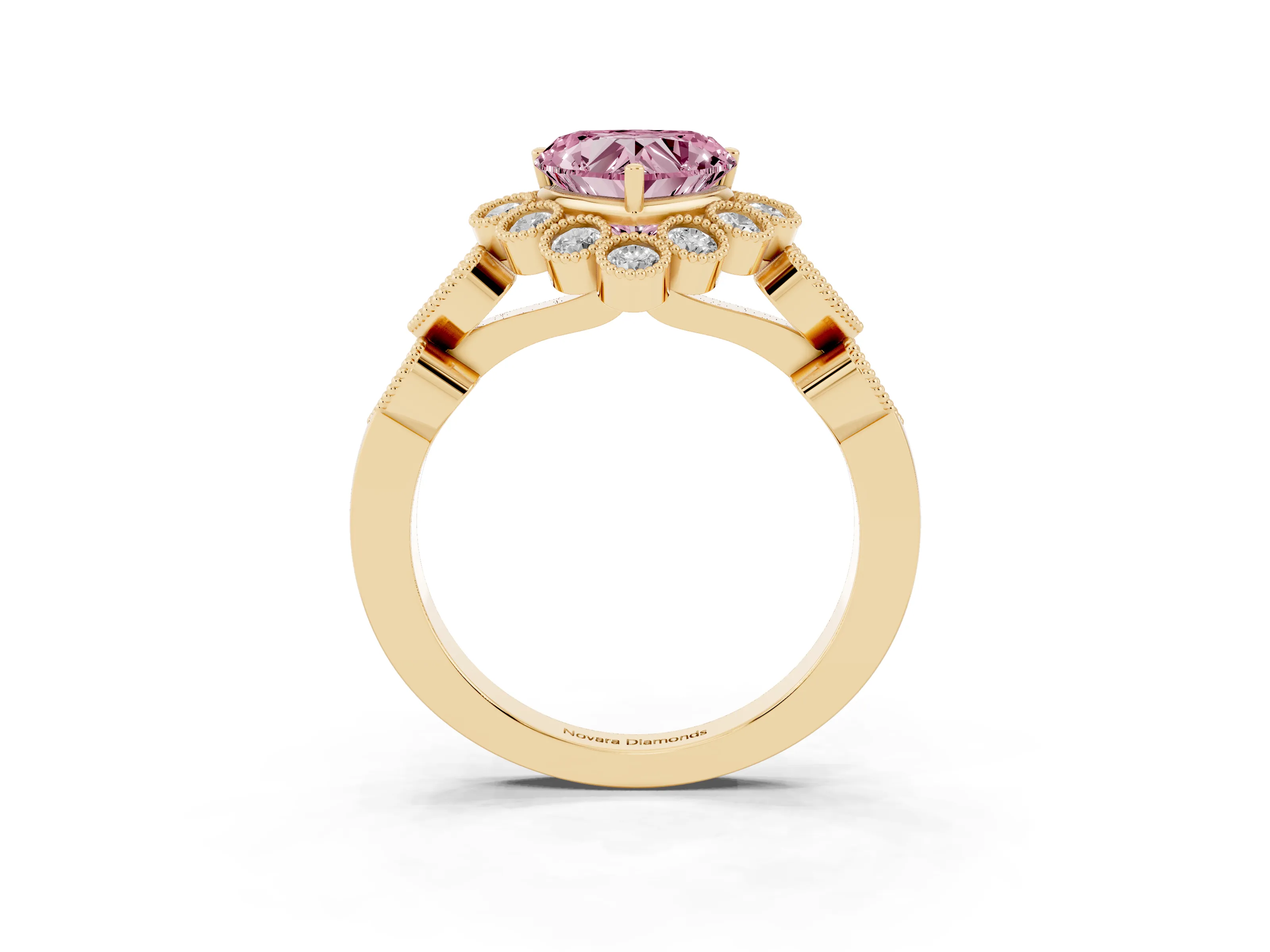 Fancy Pink Heart Cut Diamond Solitaire Ring Set in Yellow gold with Milgrain Pavé Heart Band