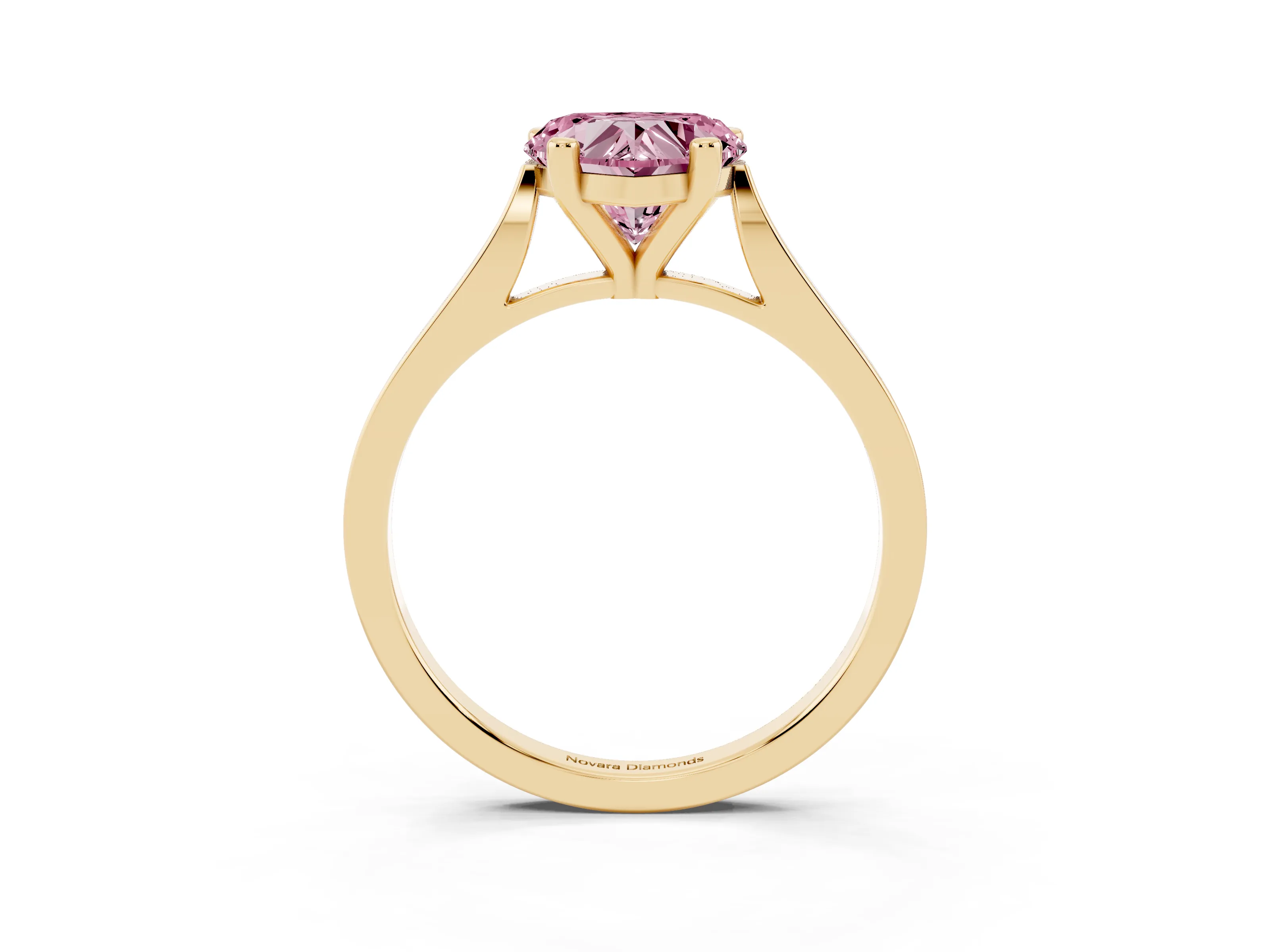 Fancy Pink Heart Cut Diamond Solitaire Ring Set in Yellow gold with Prong Setting and Tapered Band