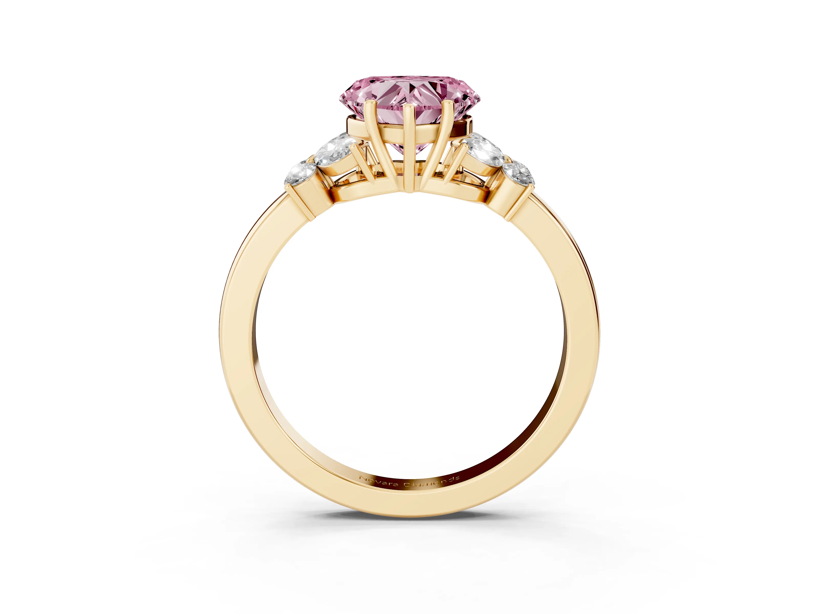 Fancy Pink Heart Cut Diamond Solitaire Floral Ring Set in Yellow gold with Marquise Petals and Prong Setting