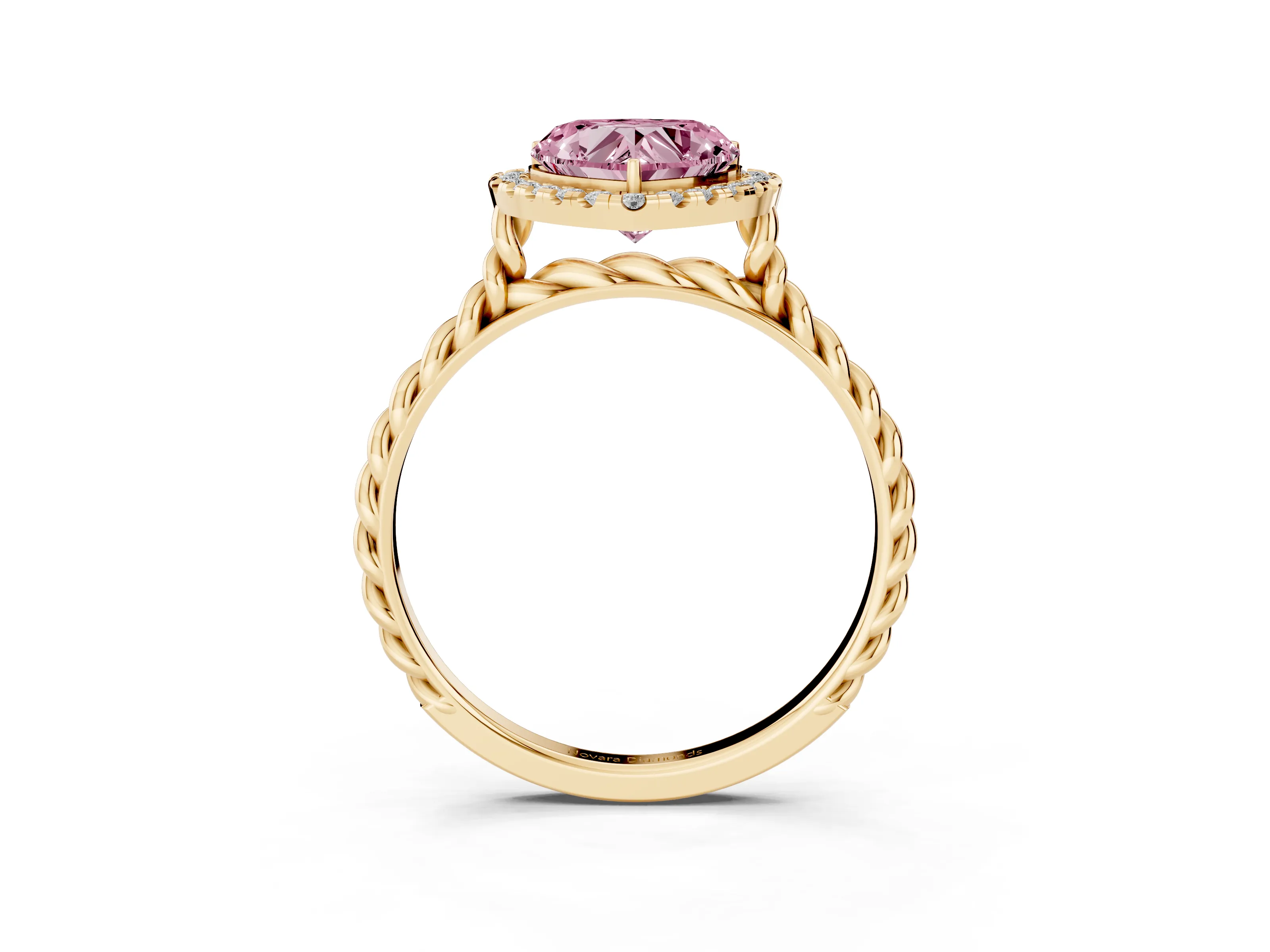 Fancy Pink Heart Cut Diamond Halo Ring Set in Yellow gold with Plain Twisted Band