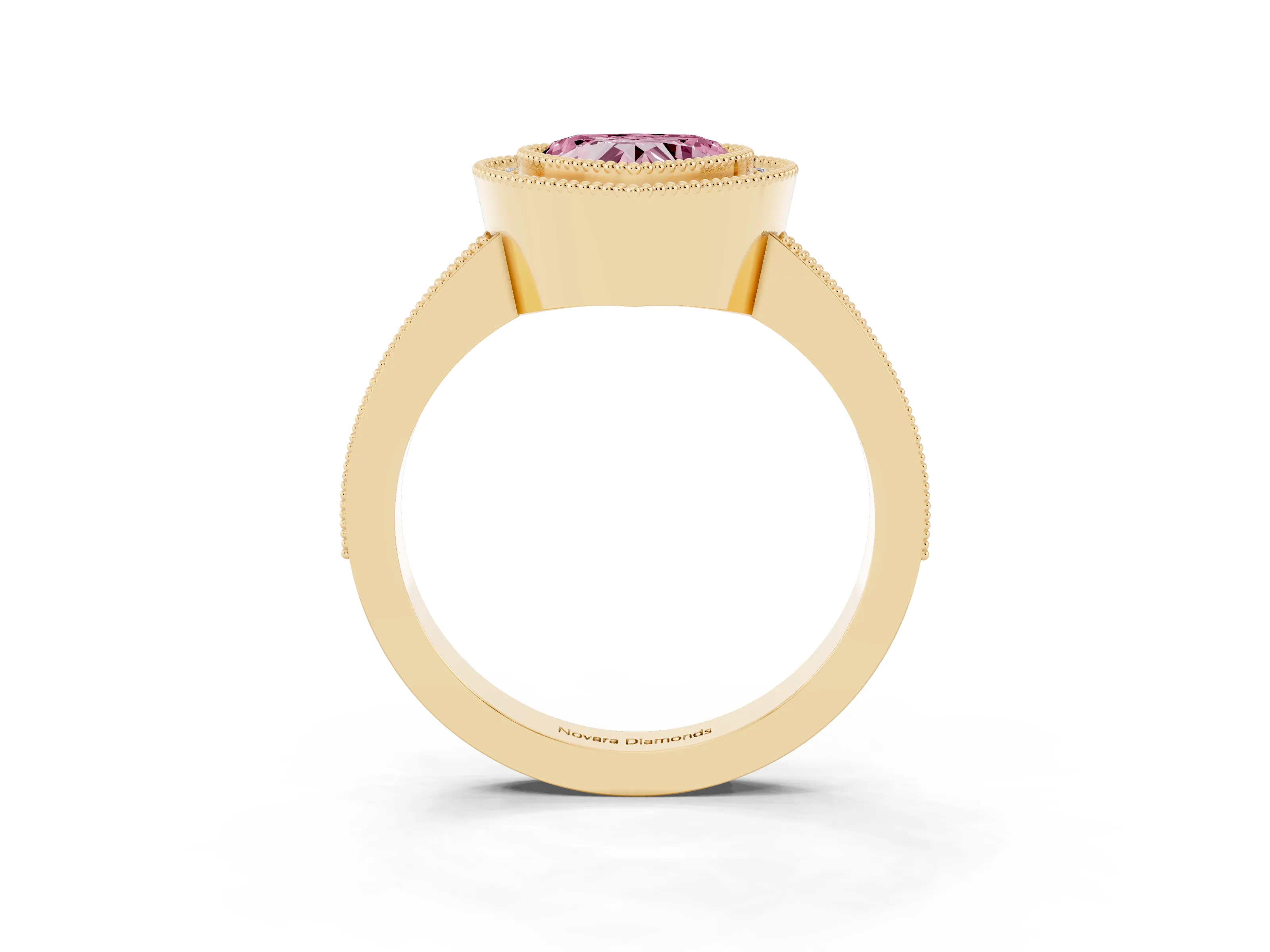 Fancy Pink Heart Cut Diamond Halo Engagement Ring Set in Yellow gold with Pavé Band and Round Halo Stones